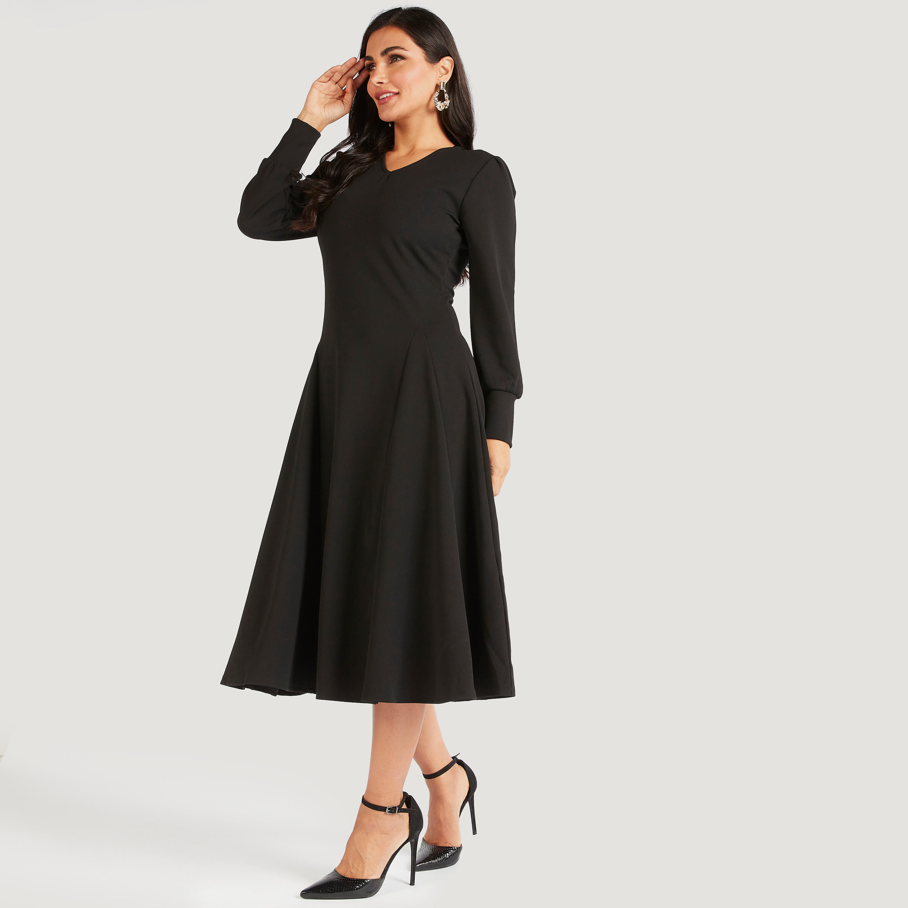 Solid Midi A-line Dress with Long Sleeves-women-clothing-dresses-image-6