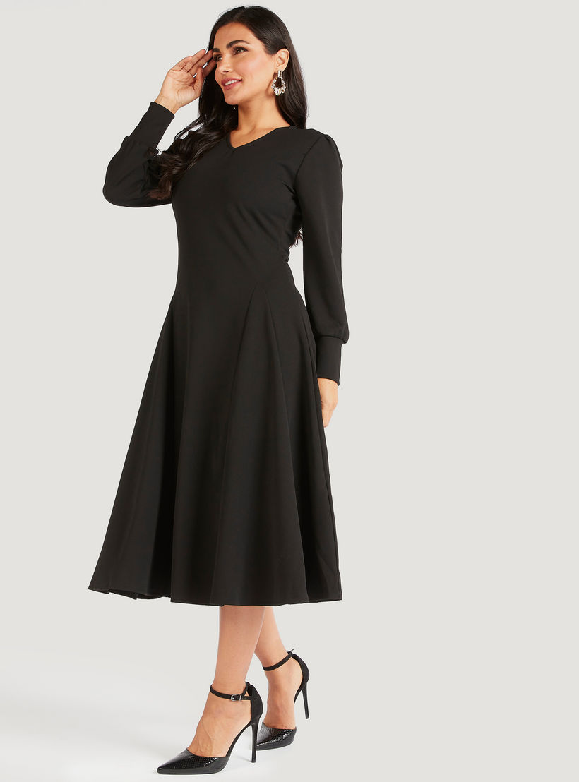 Solid Midi A-line Dress with Long Sleeves-women-clothing-dresses-image-6