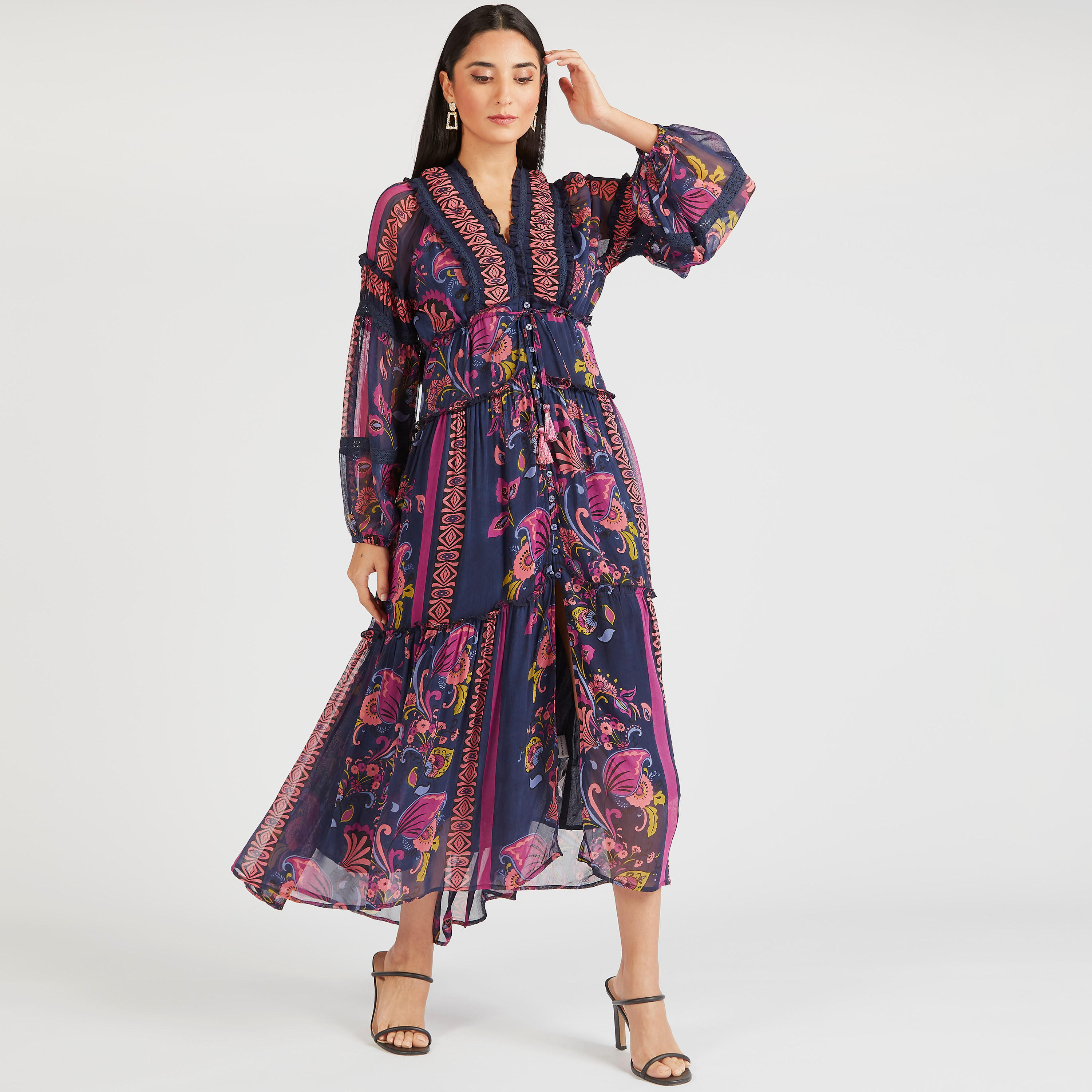 فستان إيه لاين طويل بكشكش وتفاصيل أربطة-women-clothing-dresses-image-1