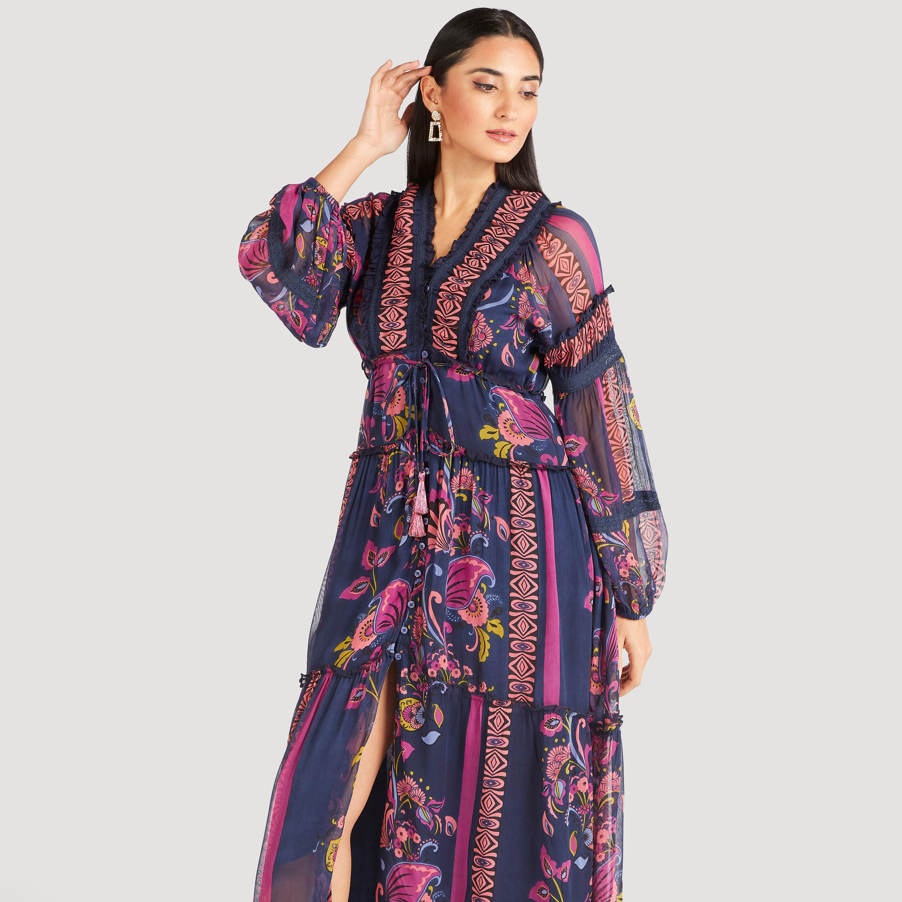 فستان إيه لاين طويل بكشكش وتفاصيل أربطة-women-clothing-dresses-image-2