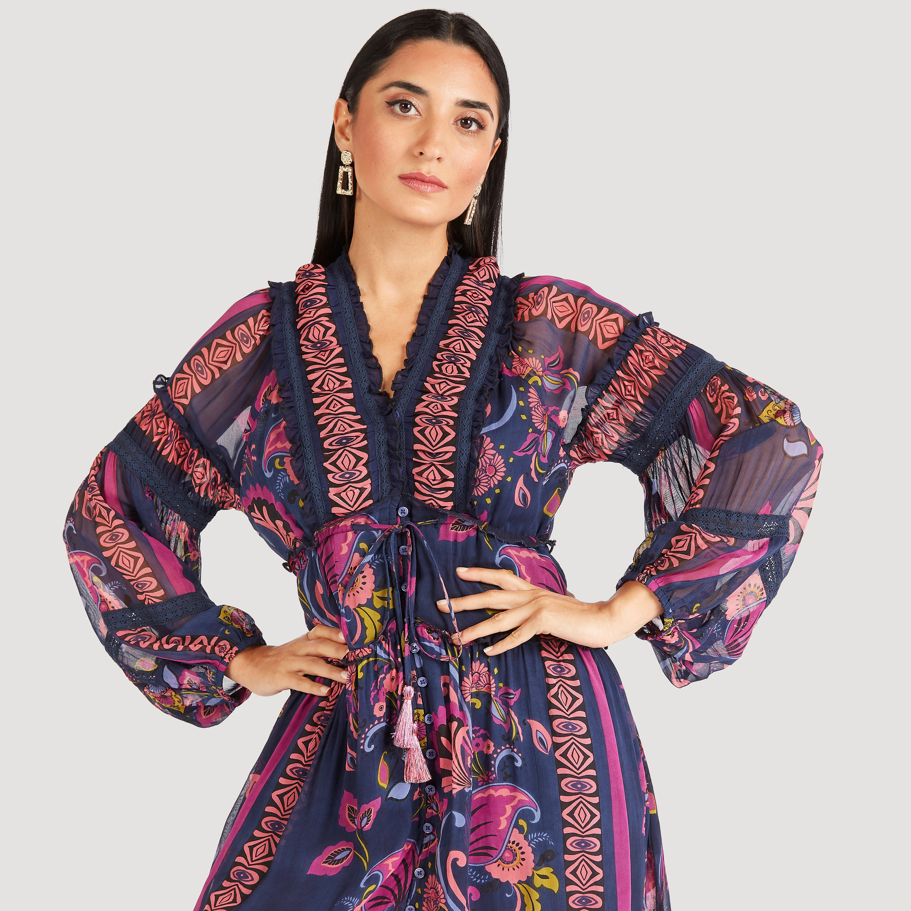 فستان إيه لاين طويل بكشكش وتفاصيل أربطة-women-clothing-dresses-image-6