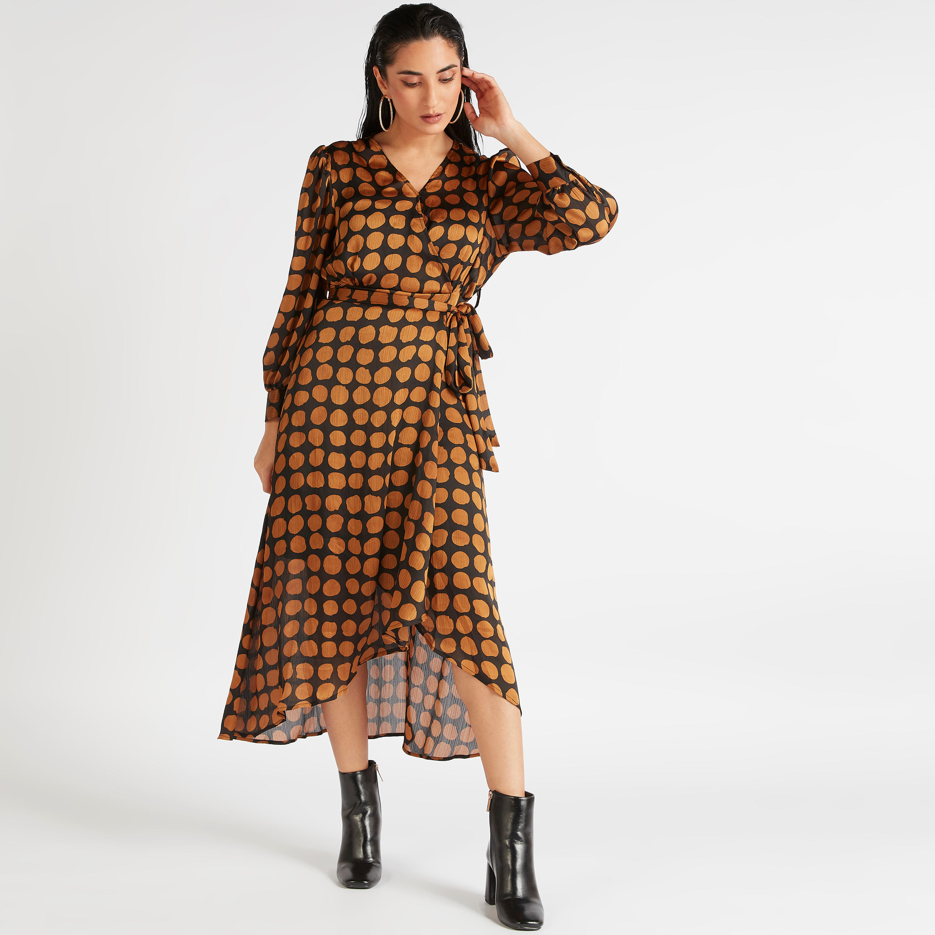فستان ملفوف بطبعات وياقة v وأكمام طويلة-women-clothing-dresses-image-1