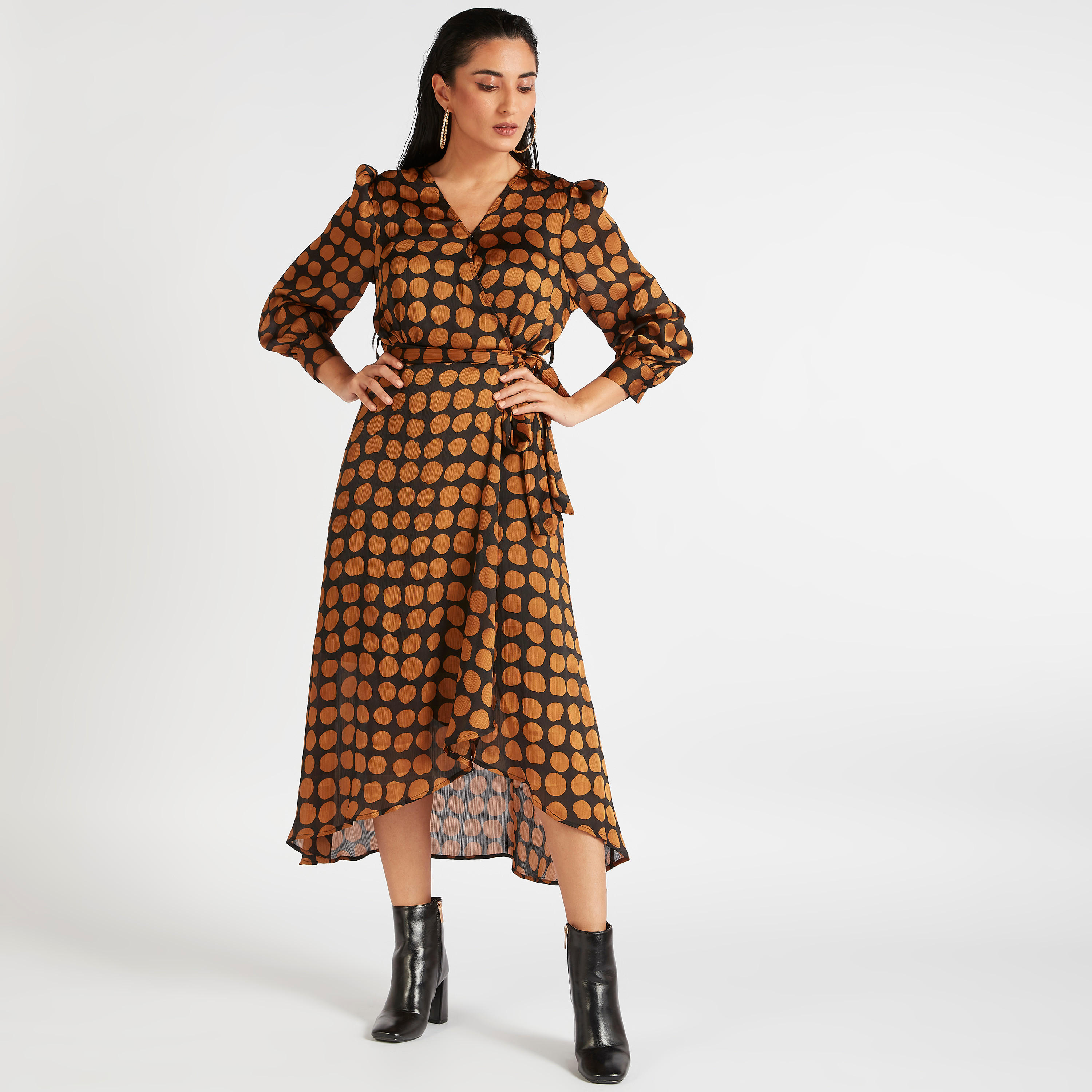 فستان ملفوف بطبعات وياقة v وأكمام طويلة-women-clothing-dresses-image-2