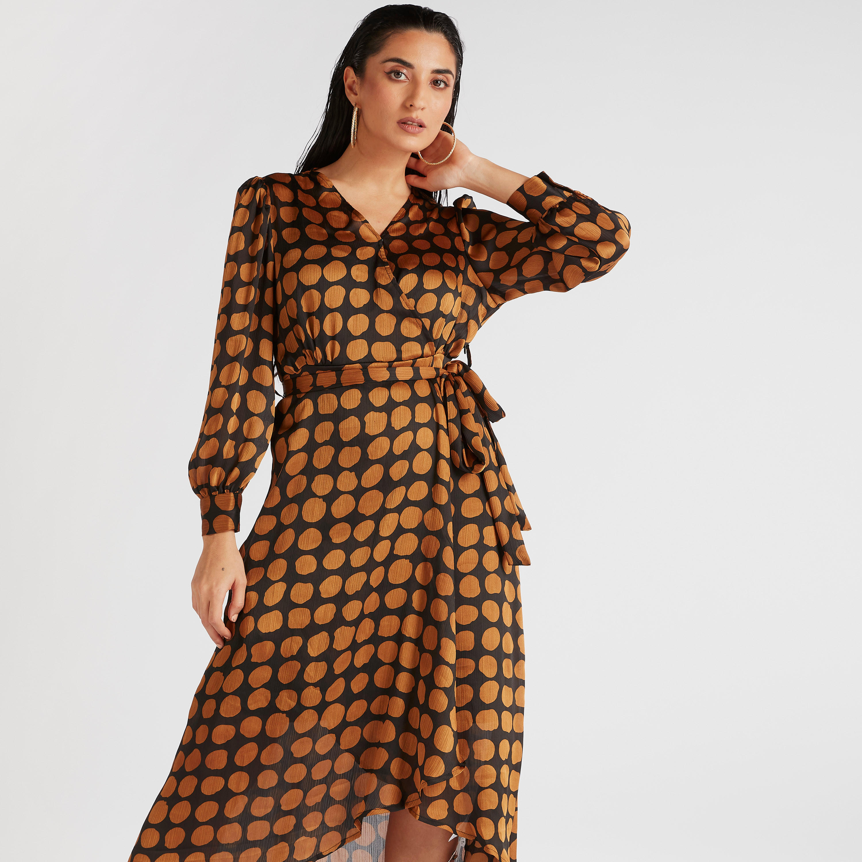 فستان ملفوف بطبعات وياقة v وأكمام طويلة-women-clothing-dresses-image-5