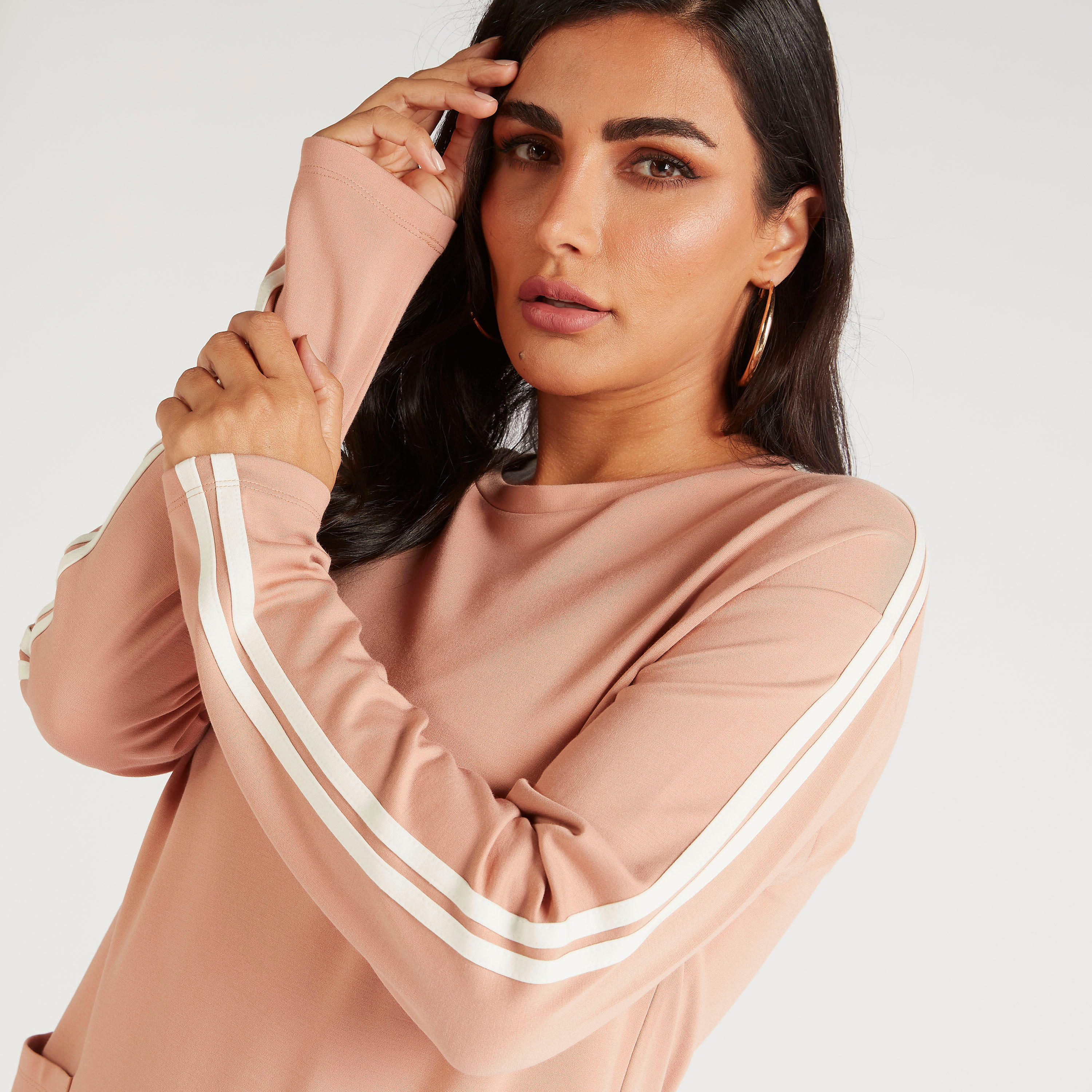 Solid Crew Neck T-shirt with Tape Detail and Long Sleeves-women-clothing-tshirts-image-3