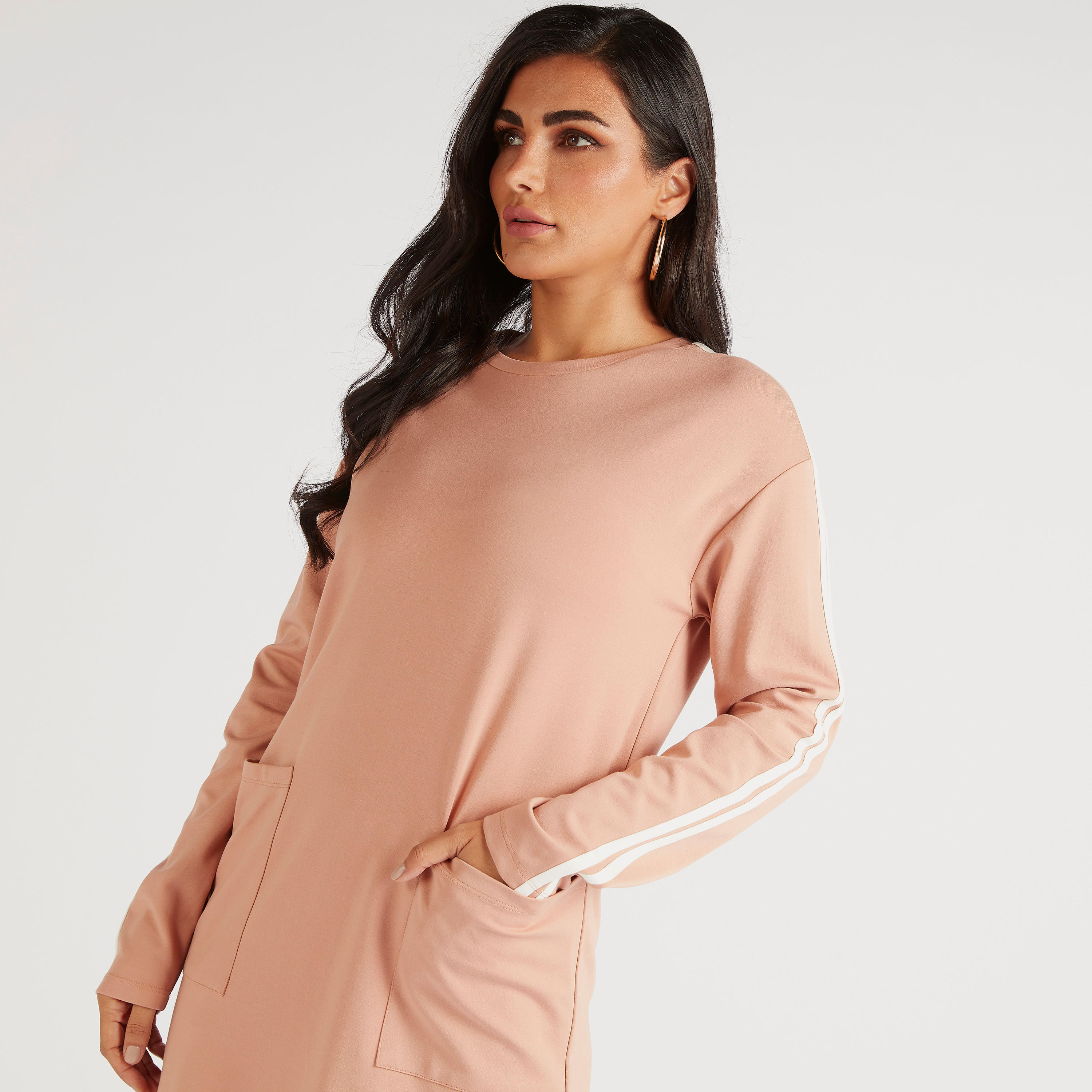 Solid Crew Neck T-shirt with Tape Detail and Long Sleeves-women-clothing-tshirts-image-6