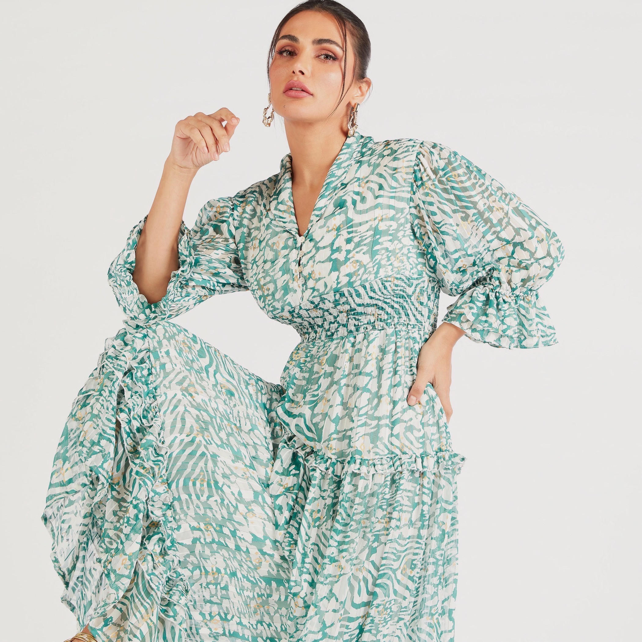 فستان إيه لاين متعدد الطبقات بطبعات وياقة v-women-clothing-dresses-image-2