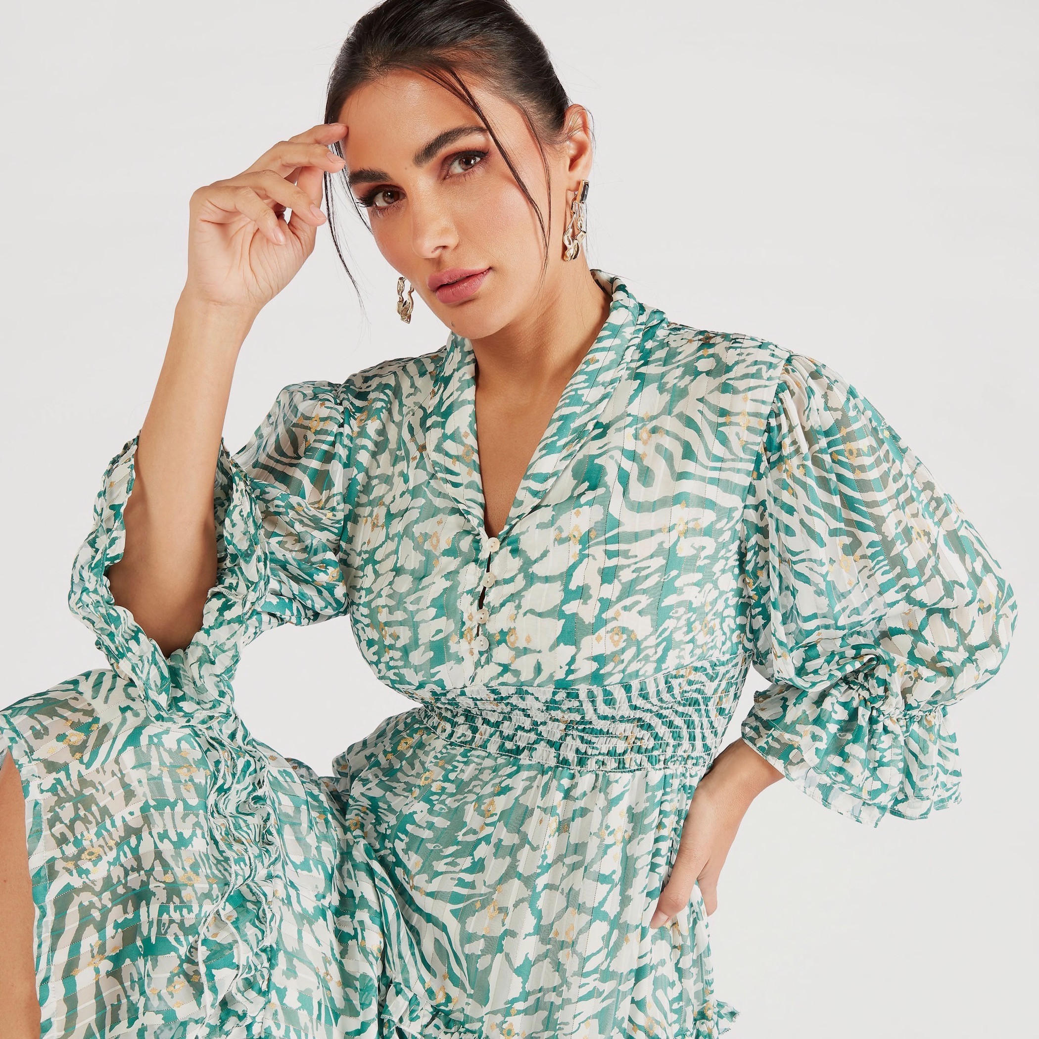 فستان إيه لاين متعدد الطبقات بطبعات وياقة v-women-clothing-dresses-image-1