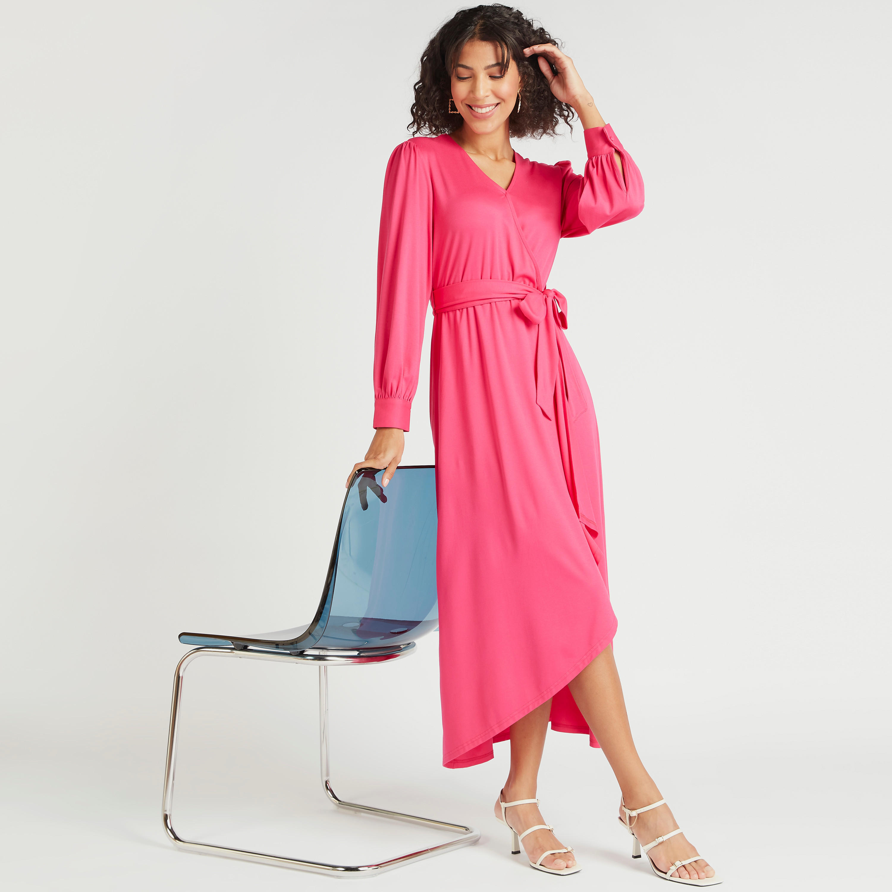 فستان ميدي سادة ملفوف بأكمام طويلة وحزام رباط-women-clothing-dresses-image-1