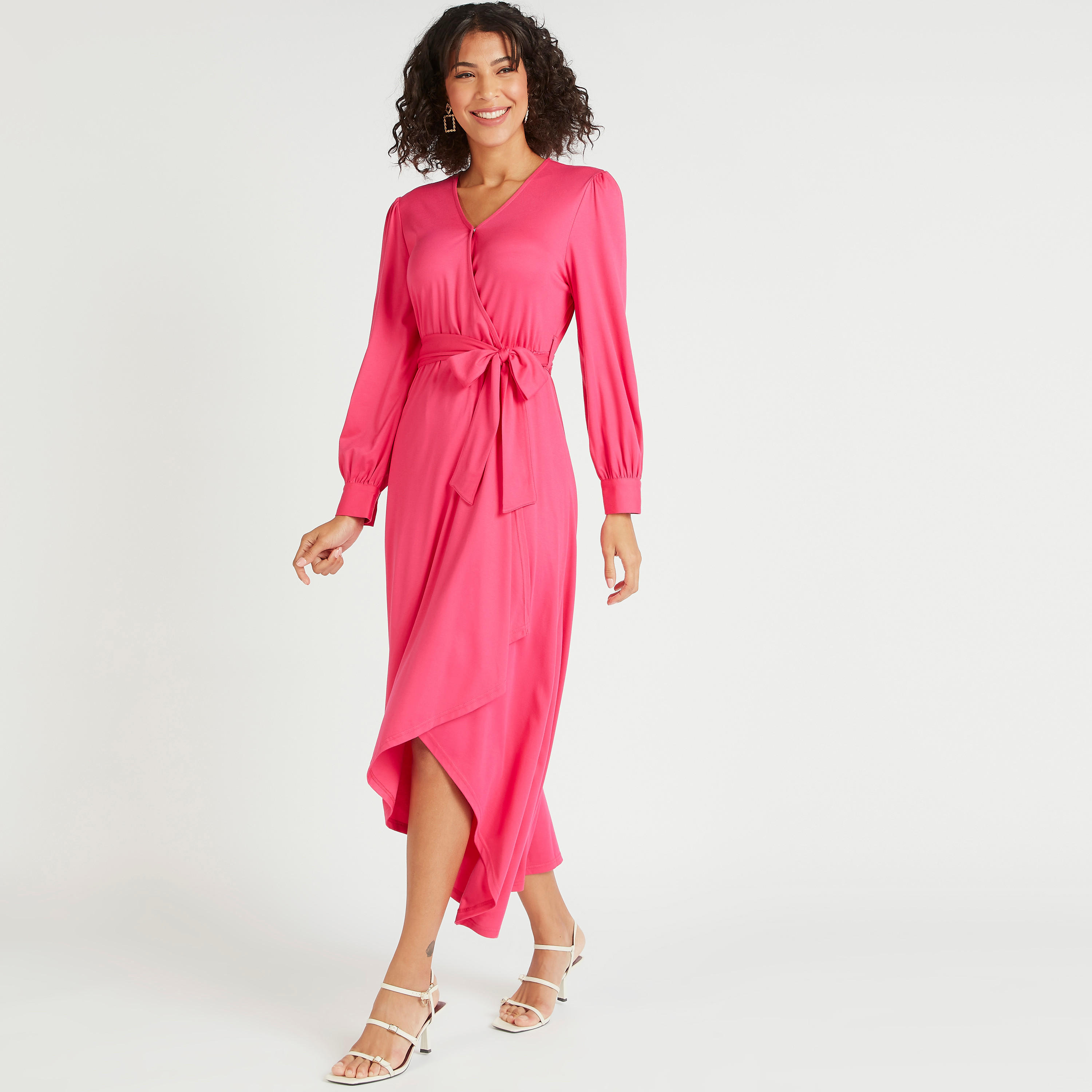 فستان ميدي سادة ملفوف بأكمام طويلة وحزام رباط-women-clothing-dresses-image-2