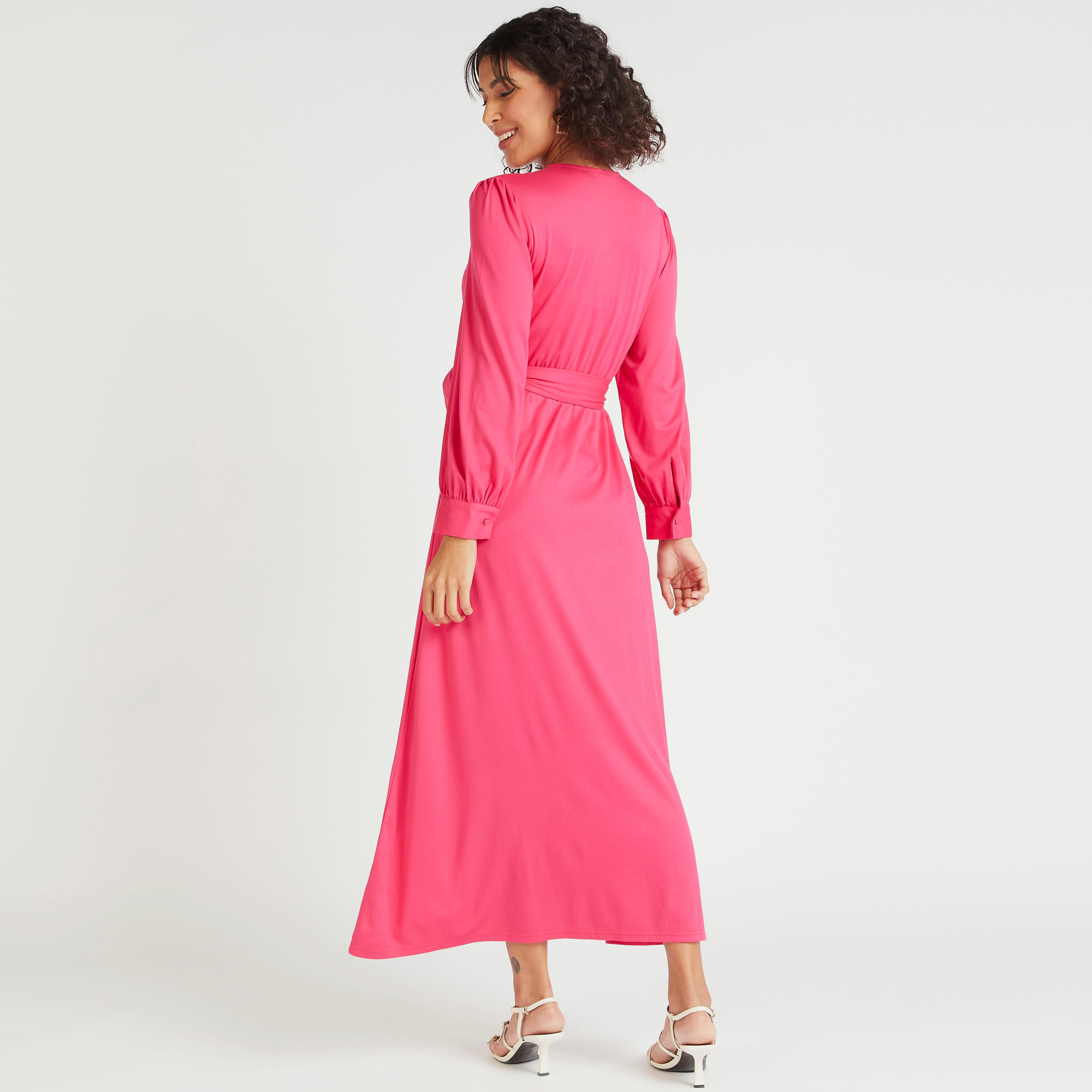 فستان ميدي سادة ملفوف بأكمام طويلة وحزام رباط-women-clothing-dresses-image-4