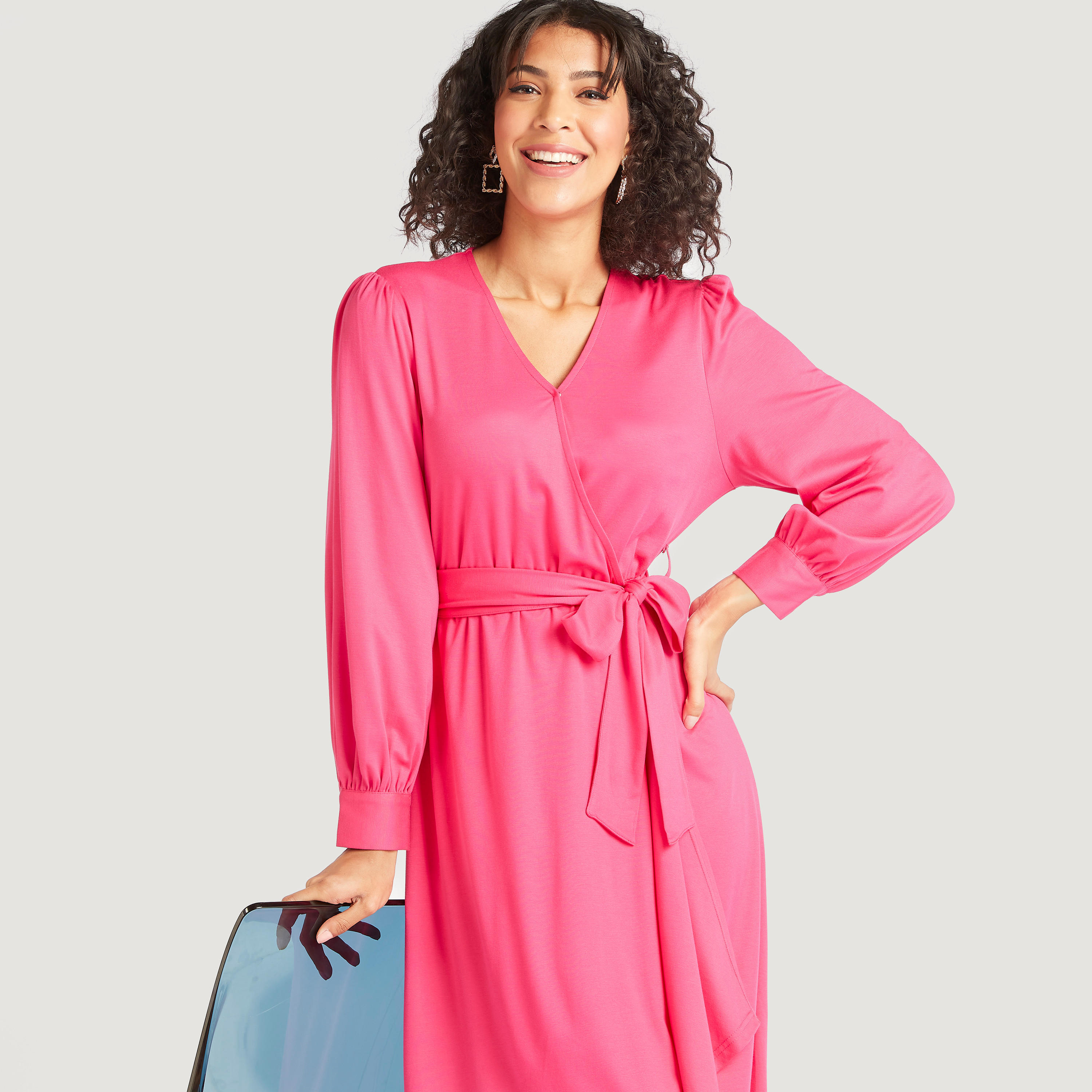 فستان ميدي سادة ملفوف بأكمام طويلة وحزام رباط-women-clothing-dresses-image-6