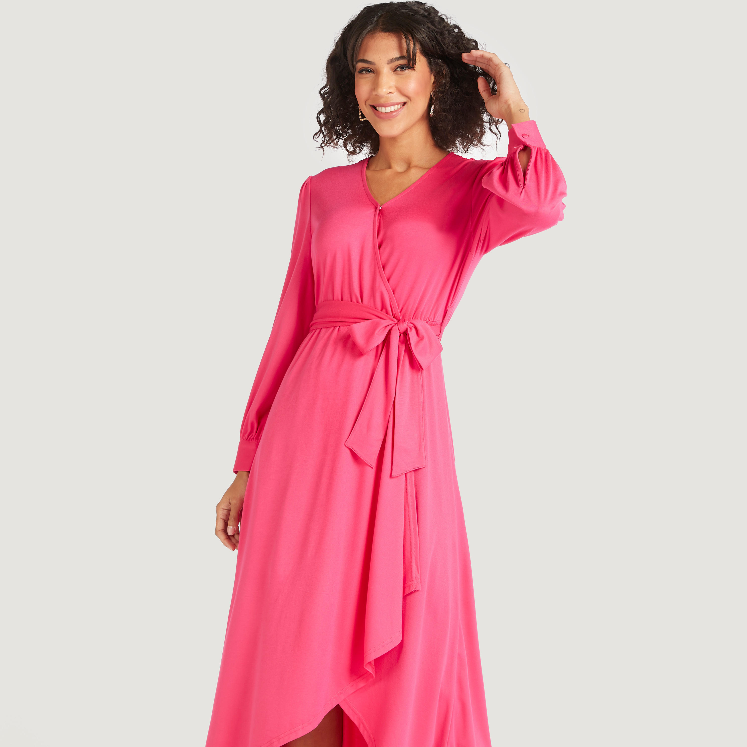 فستان ميدي سادة ملفوف بأكمام طويلة وحزام رباط-women-clothing-dresses-image-7