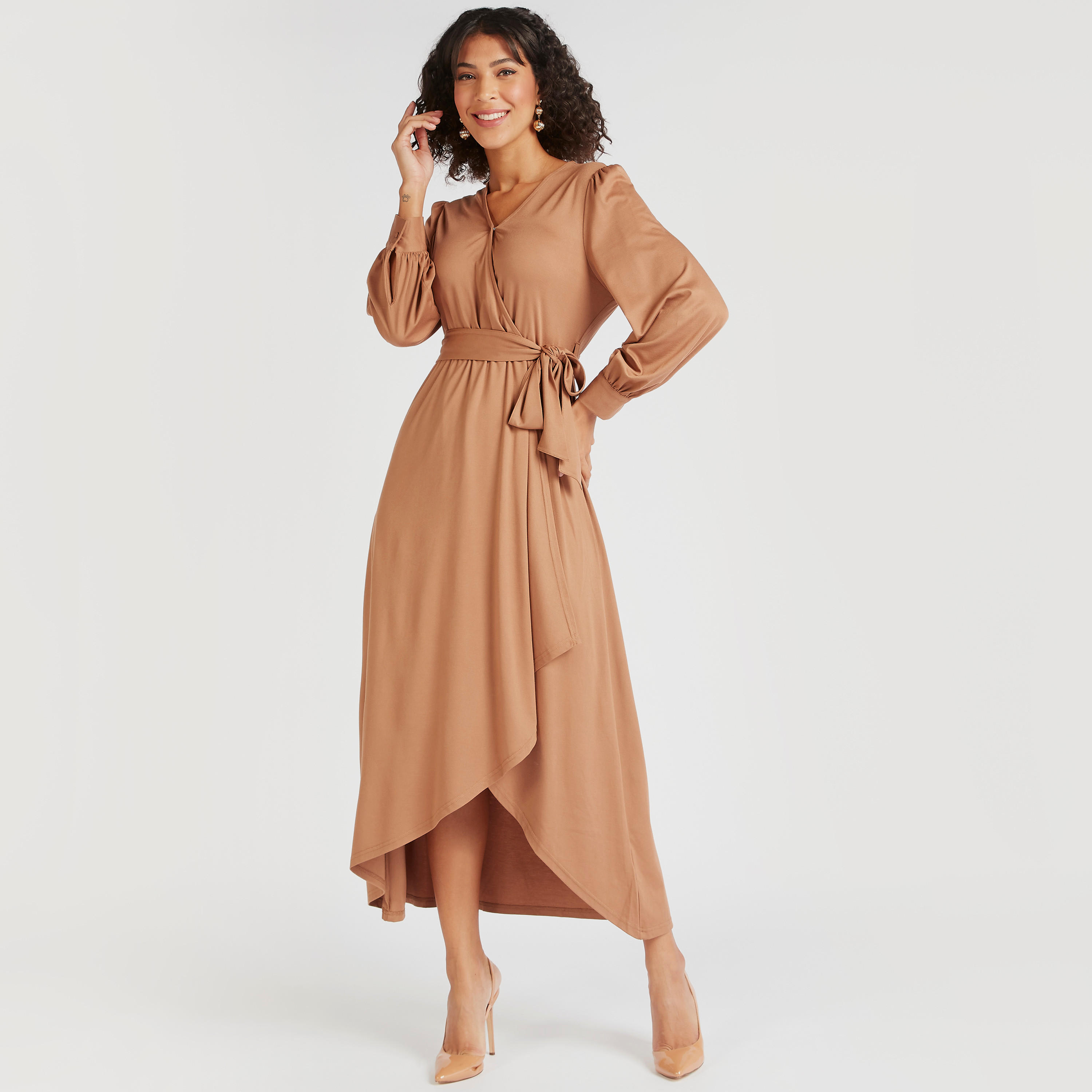 فستان ميدي سادة ملفوف بأكمام طويلة وحزام رباط-women-clothing-dresses-image-9