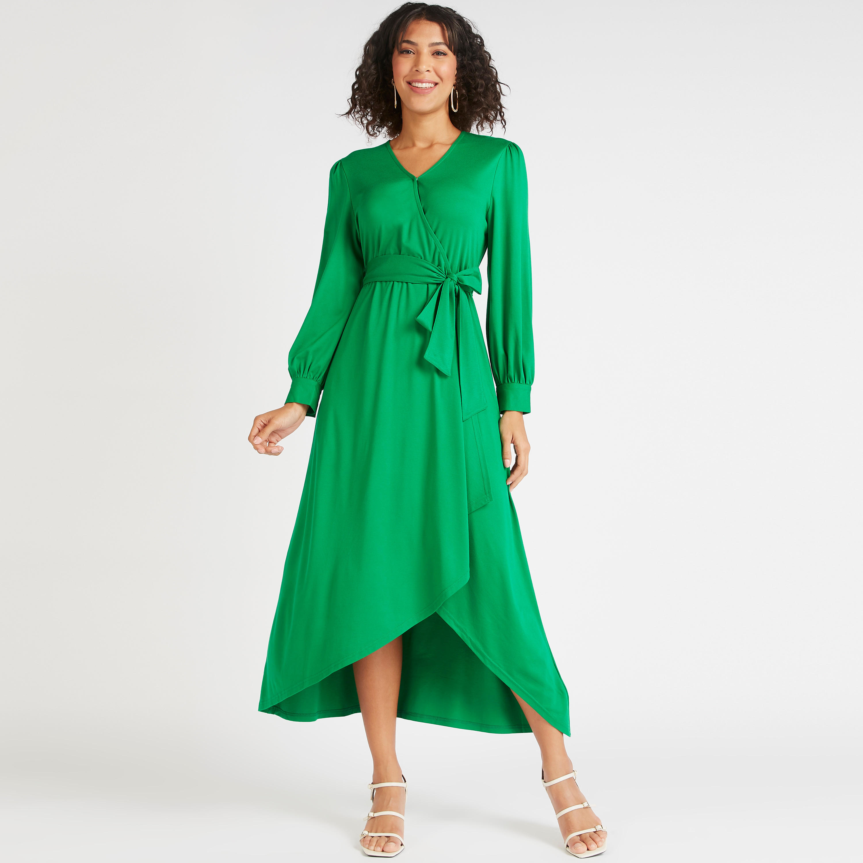 فستان ميدي سادة ملفوف بأكمام طويلة وحزام رباط-women-clothing-dresses-image-14