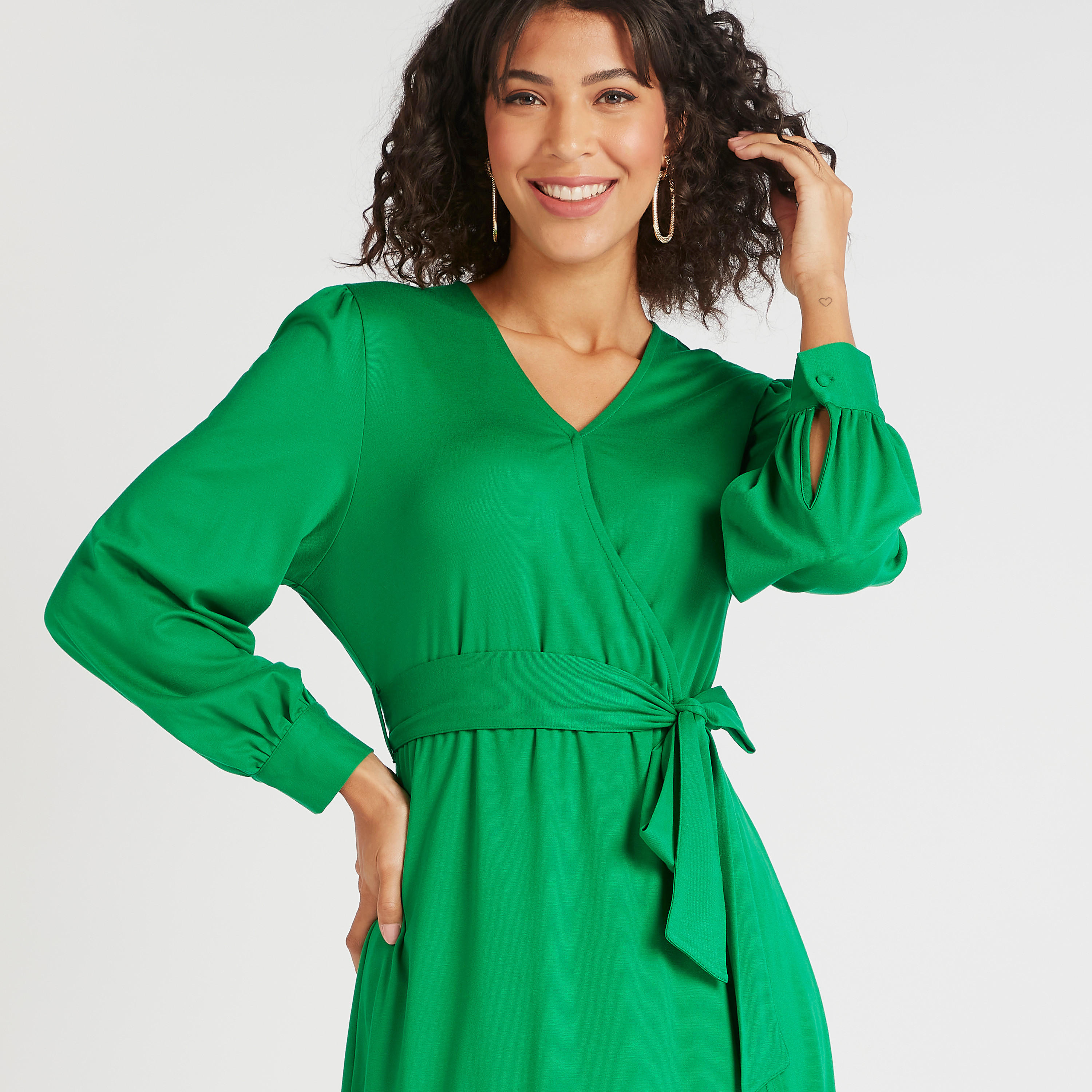 فستان ميدي سادة ملفوف بأكمام طويلة وحزام رباط-women-clothing-dresses-image-15