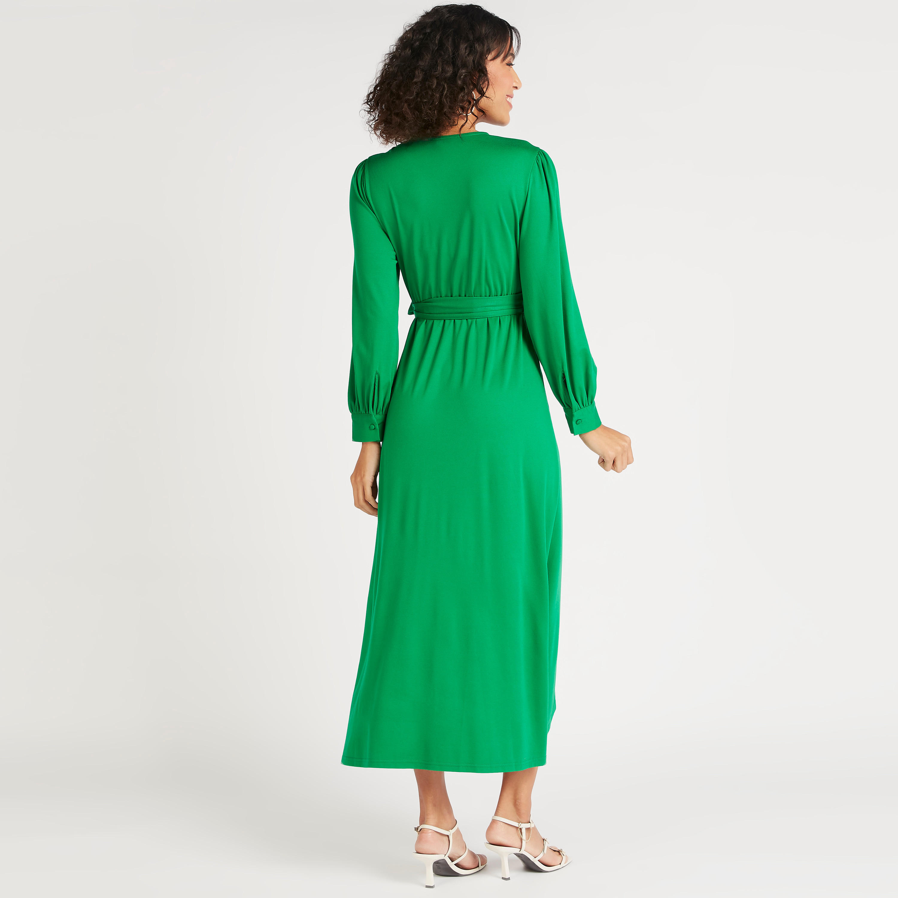 فستان ميدي سادة ملفوف بأكمام طويلة وحزام رباط-women-clothing-dresses-image-16