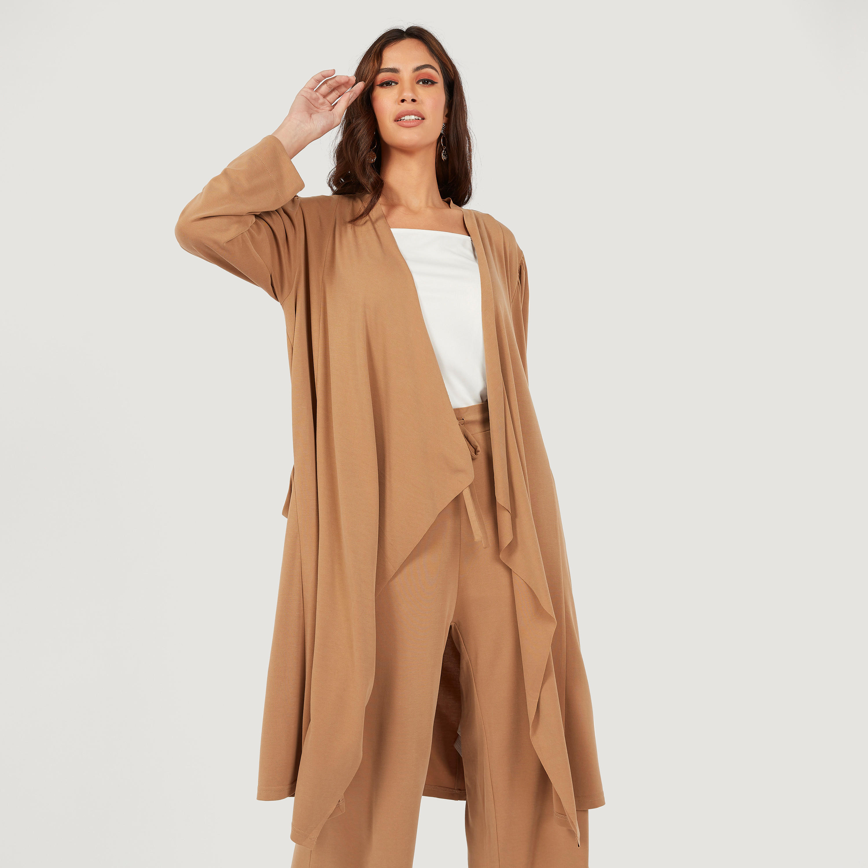 سترة طويلة سادة بياقة منسدلة وأكمام طويلة-women-winterwear-cardigansandjumpers-cardigans-image-1