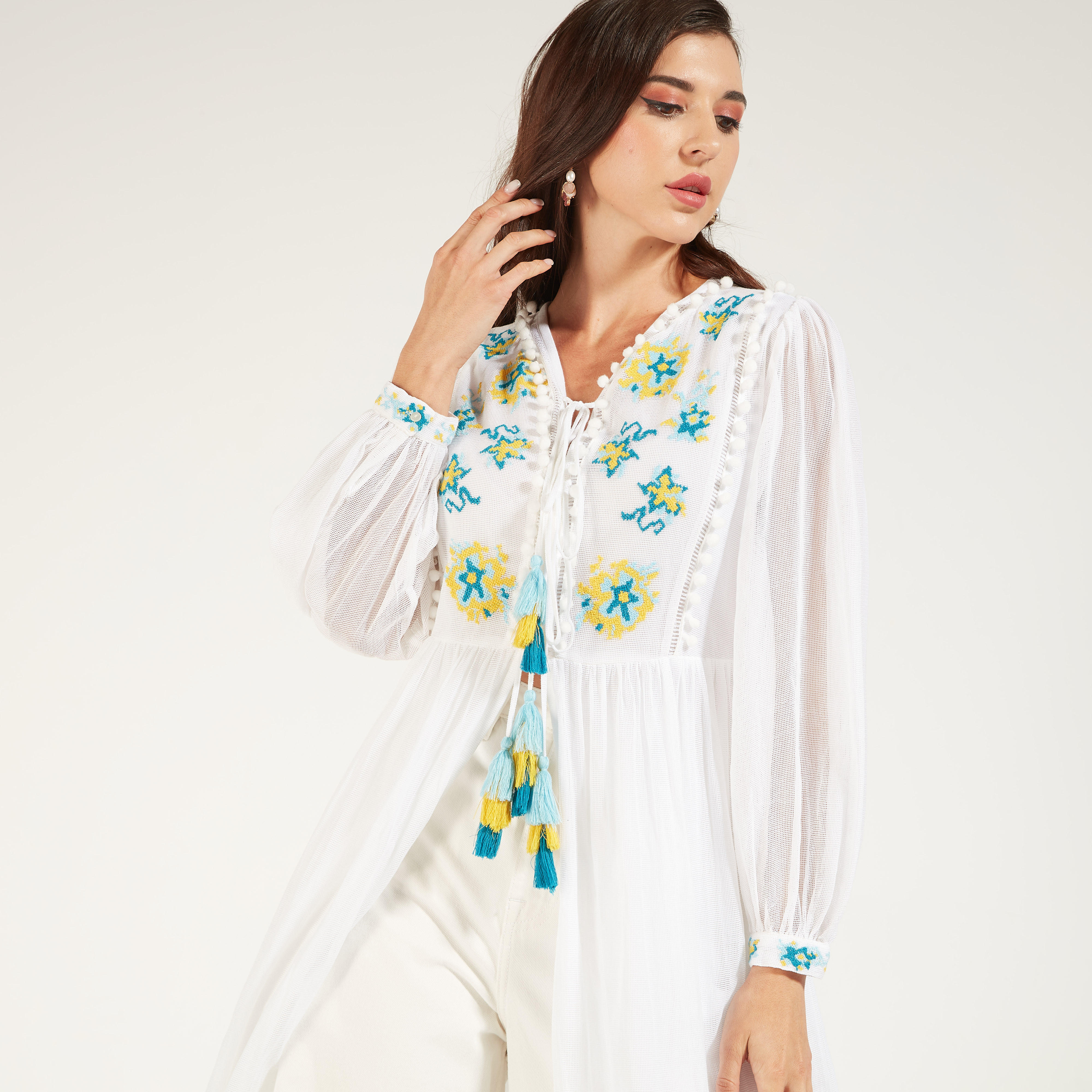 كيمونو مطرز بتفاصيل كرات بوم بوم وأكمام طويلة وياقة برباط-women-clothing-shirtsandblouses-blouses-image-2