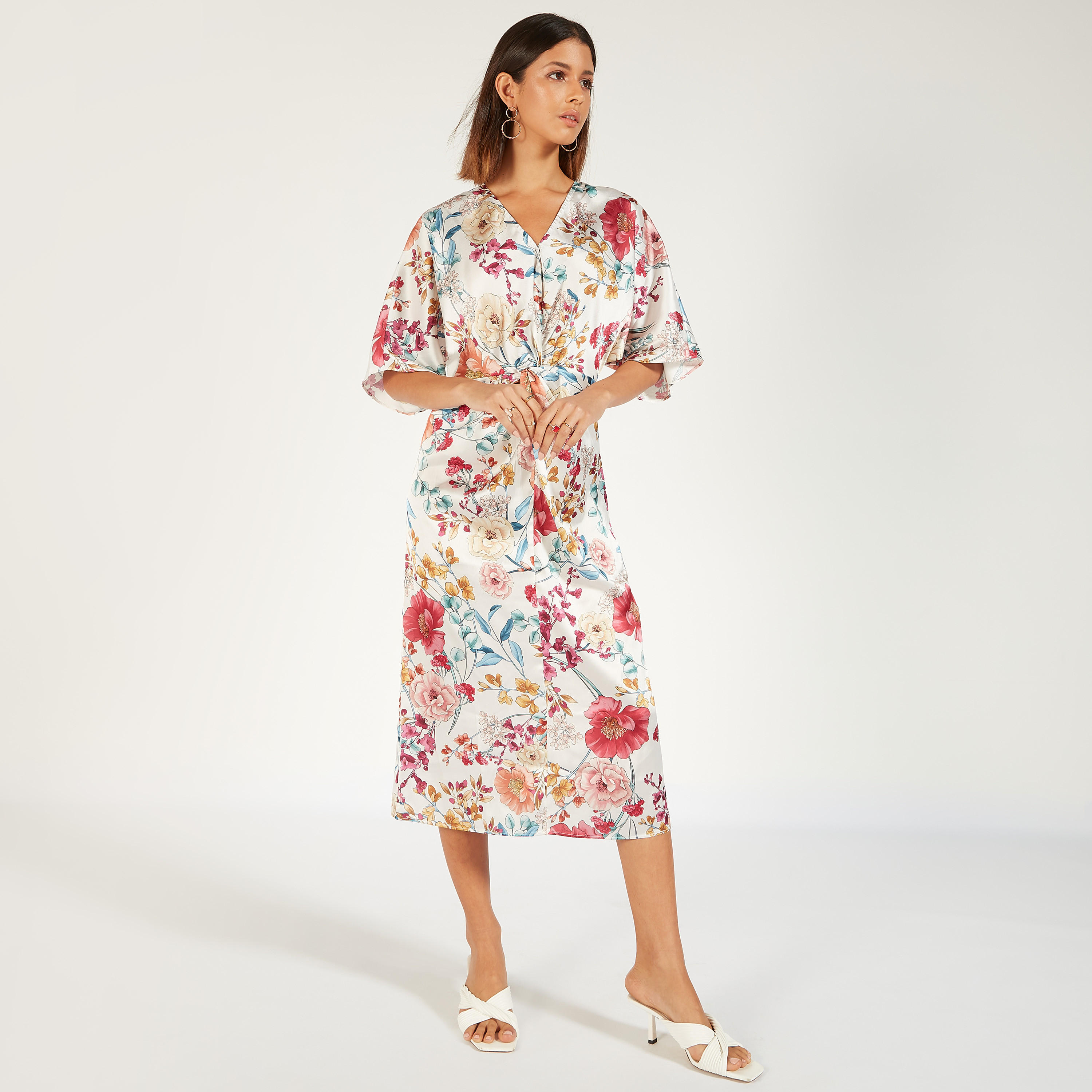 All-Over Floral Print Midi Dress with V-neck and Short Sleeves-women-clothing-dresses-image-2