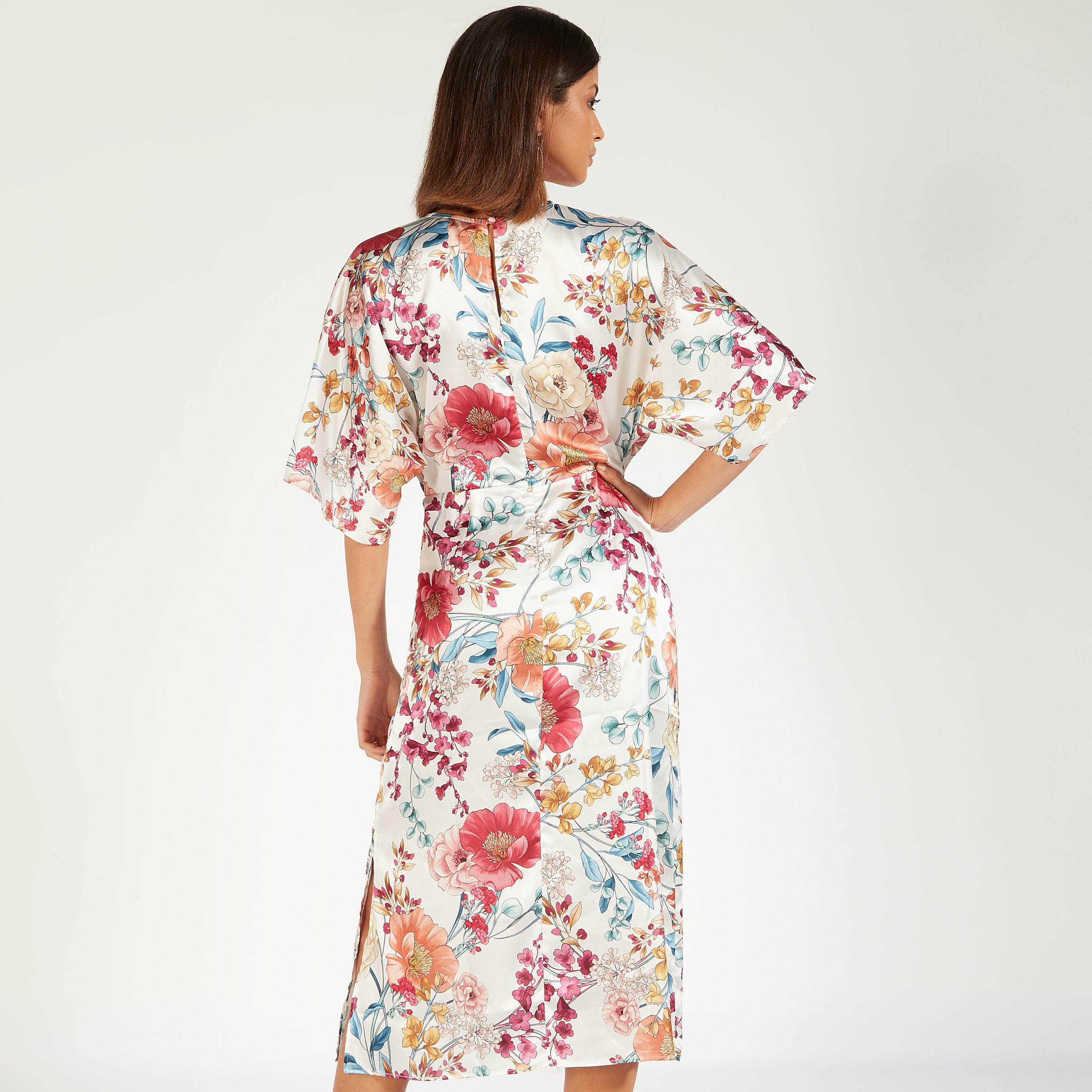 All-Over Floral Print Midi Dress with V-neck and Short Sleeves-women-clothing-dresses-image-4