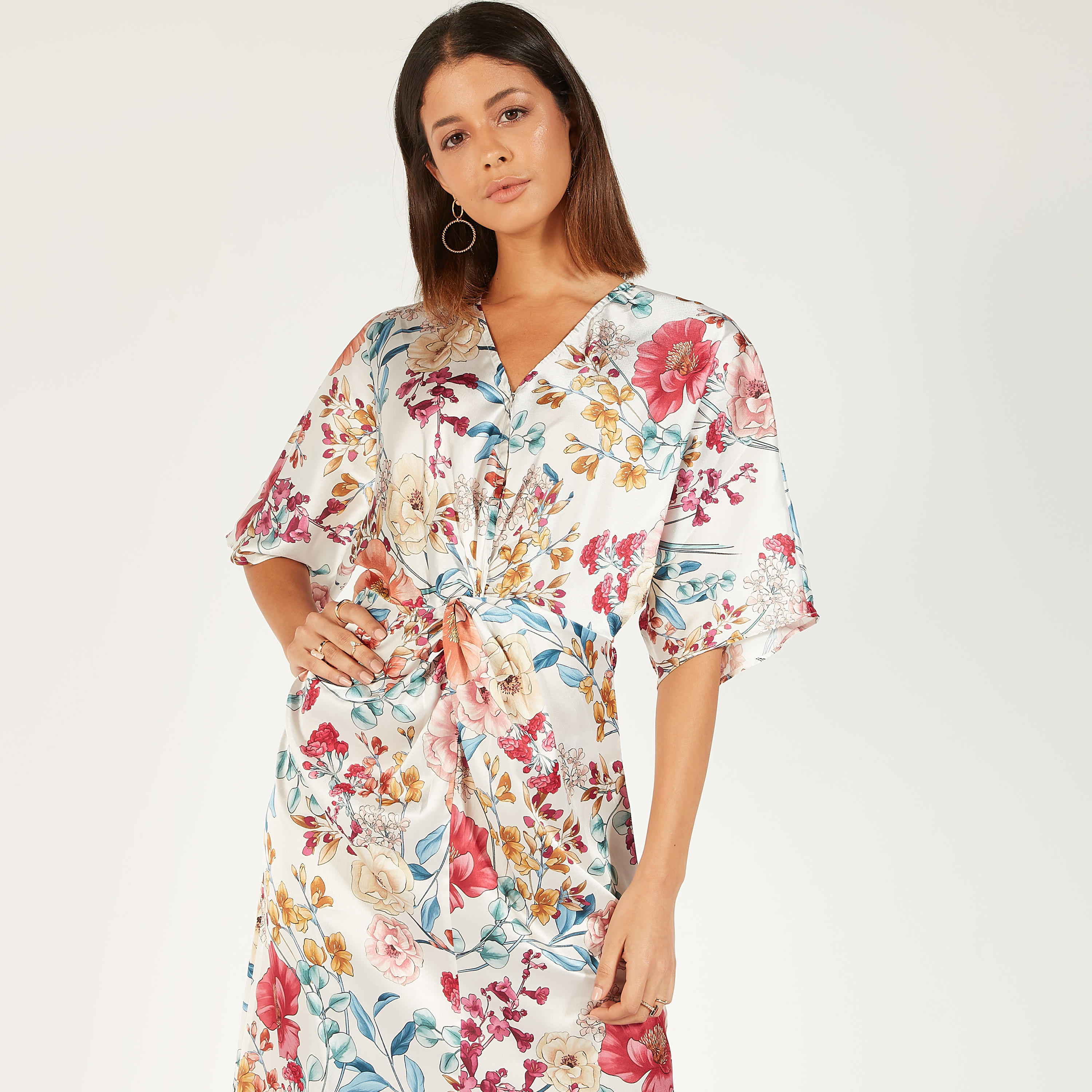 All-Over Floral Print Midi Dress with V-neck and Short Sleeves-women-clothing-dresses-image-5