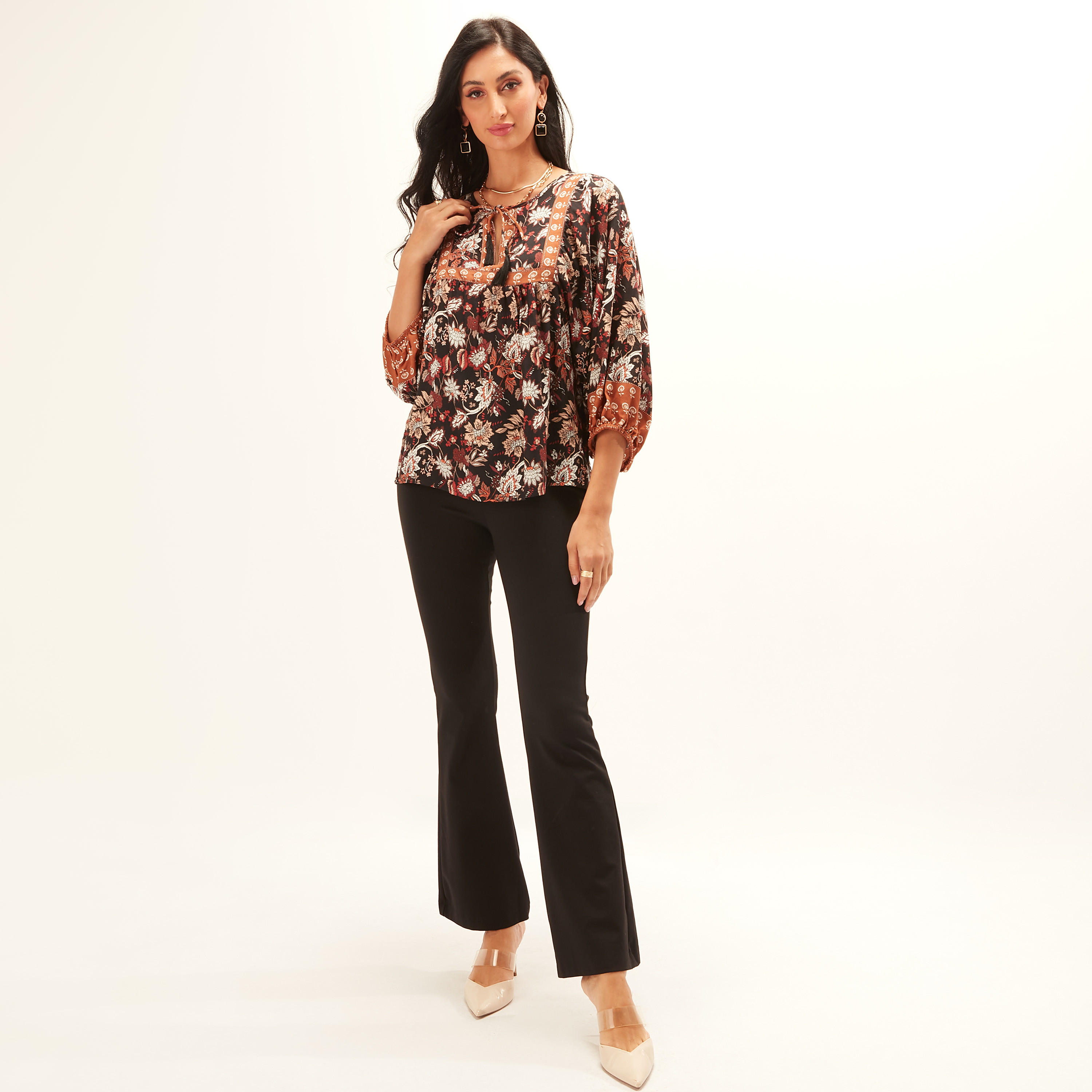 Printed Round Neck Top with Tie-Up Detail and 3/4 Sleeves-women-clothing-shirtsandblouses-blouses-image-2