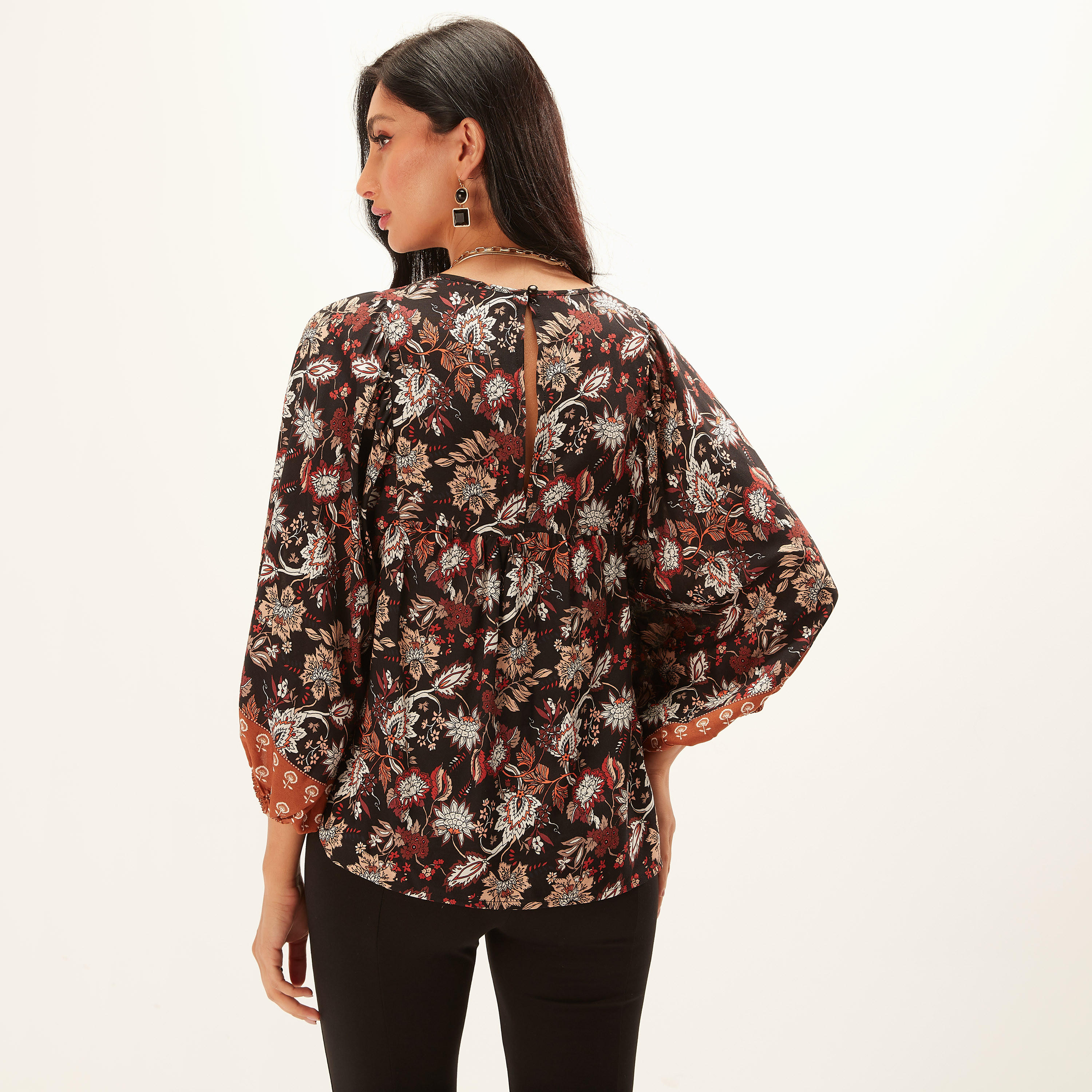 Printed Round Neck Top with Tie-Up Detail and 3/4 Sleeves-women-clothing-shirtsandblouses-blouses-image-4
