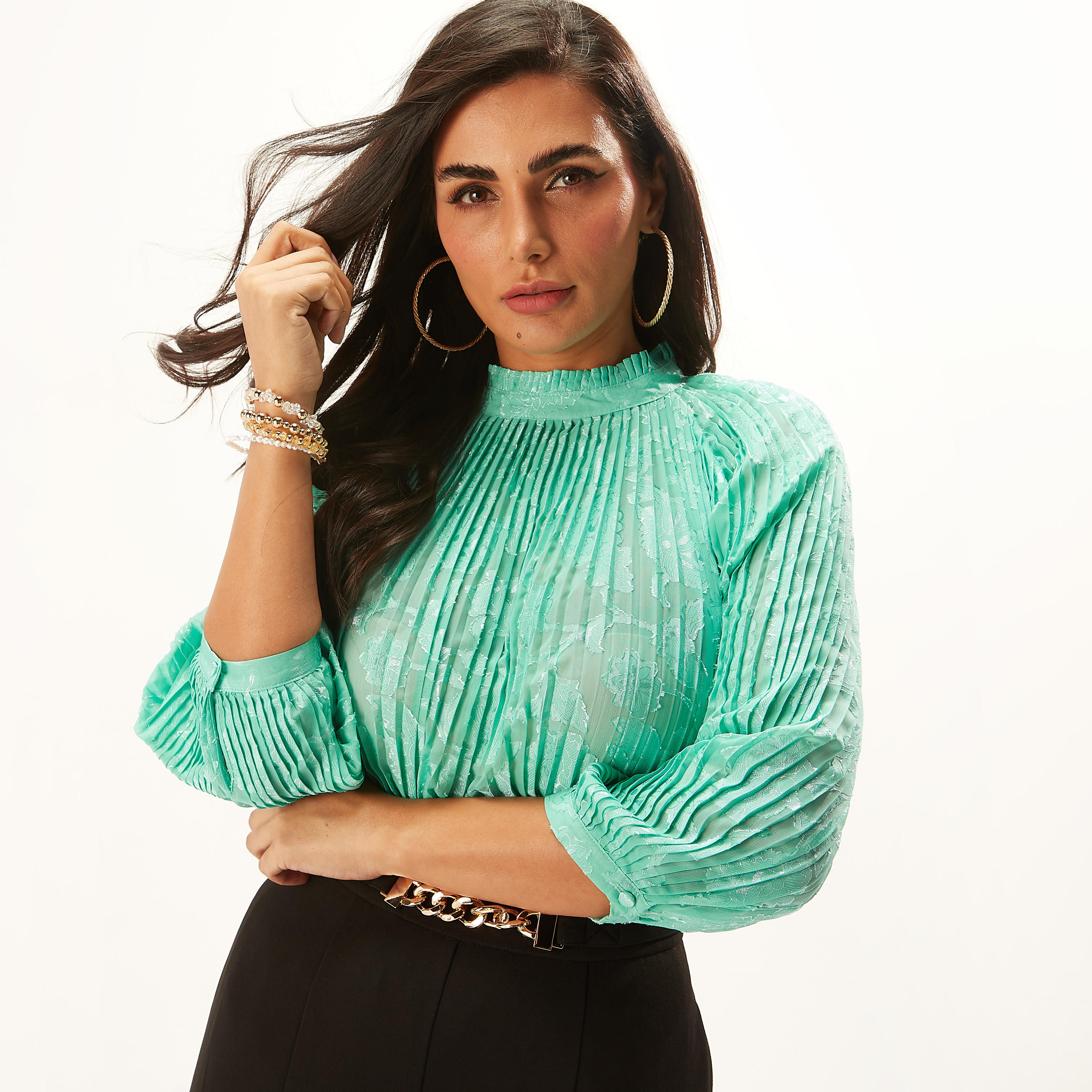 Textured Top with High Neck and 3/4 Sleeves-women-clothing-shirtsandblouses-blouses-image-7