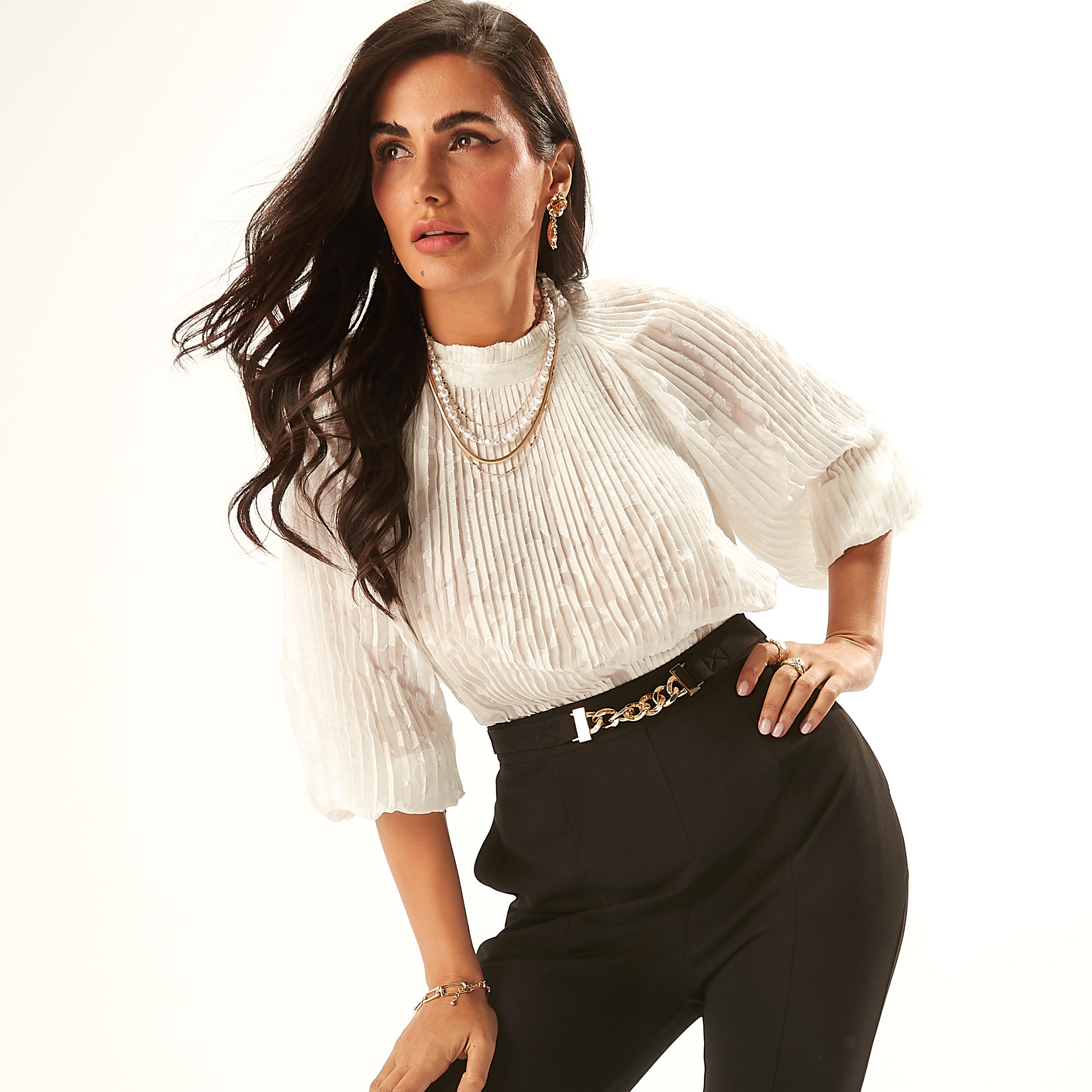 Textured Top with High Neck and 3/4 Sleeves-women-clothing-shirtsandblouses-blouses-image-1