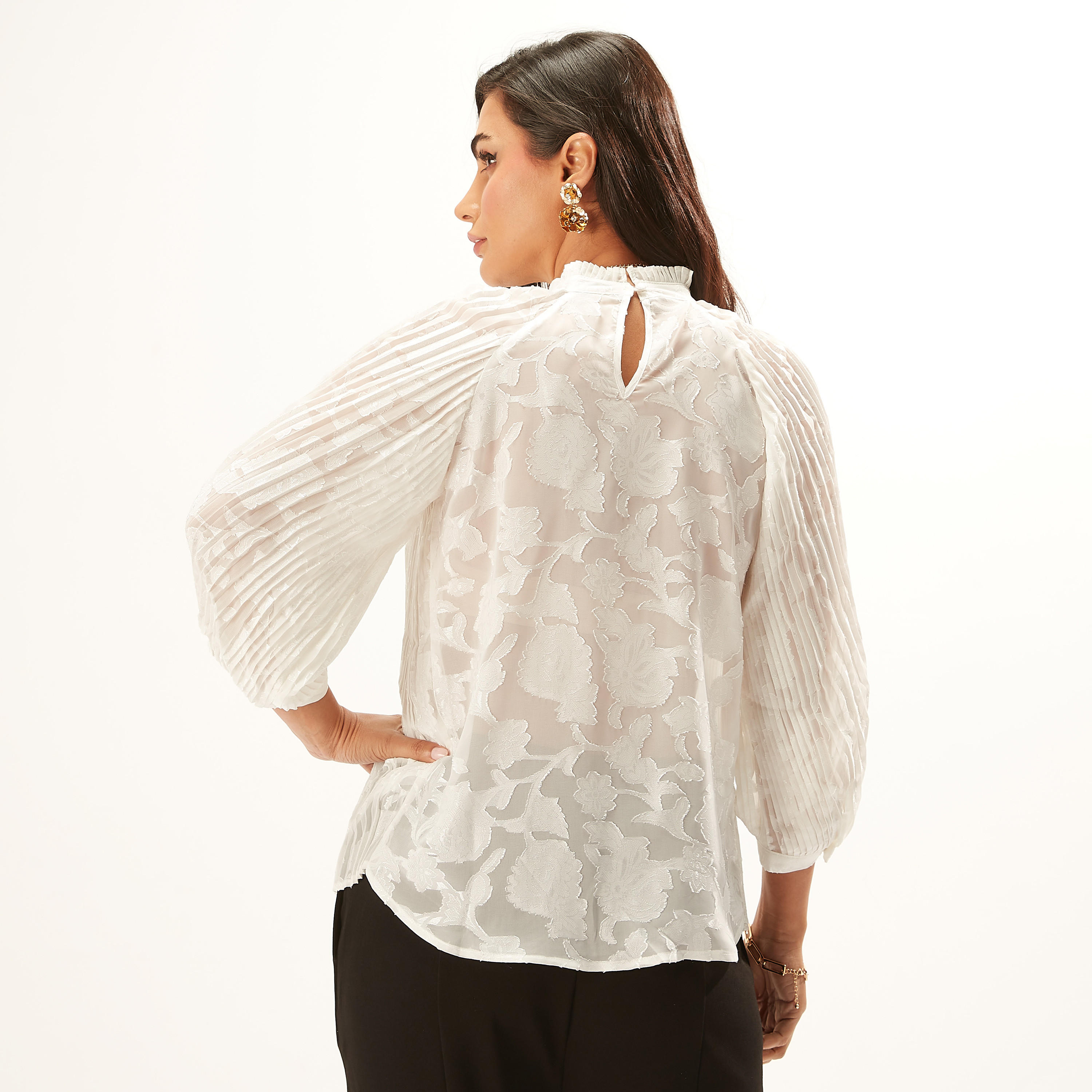 Textured Top with High Neck and 3/4 Sleeves-women-clothing-shirtsandblouses-blouses-image-4