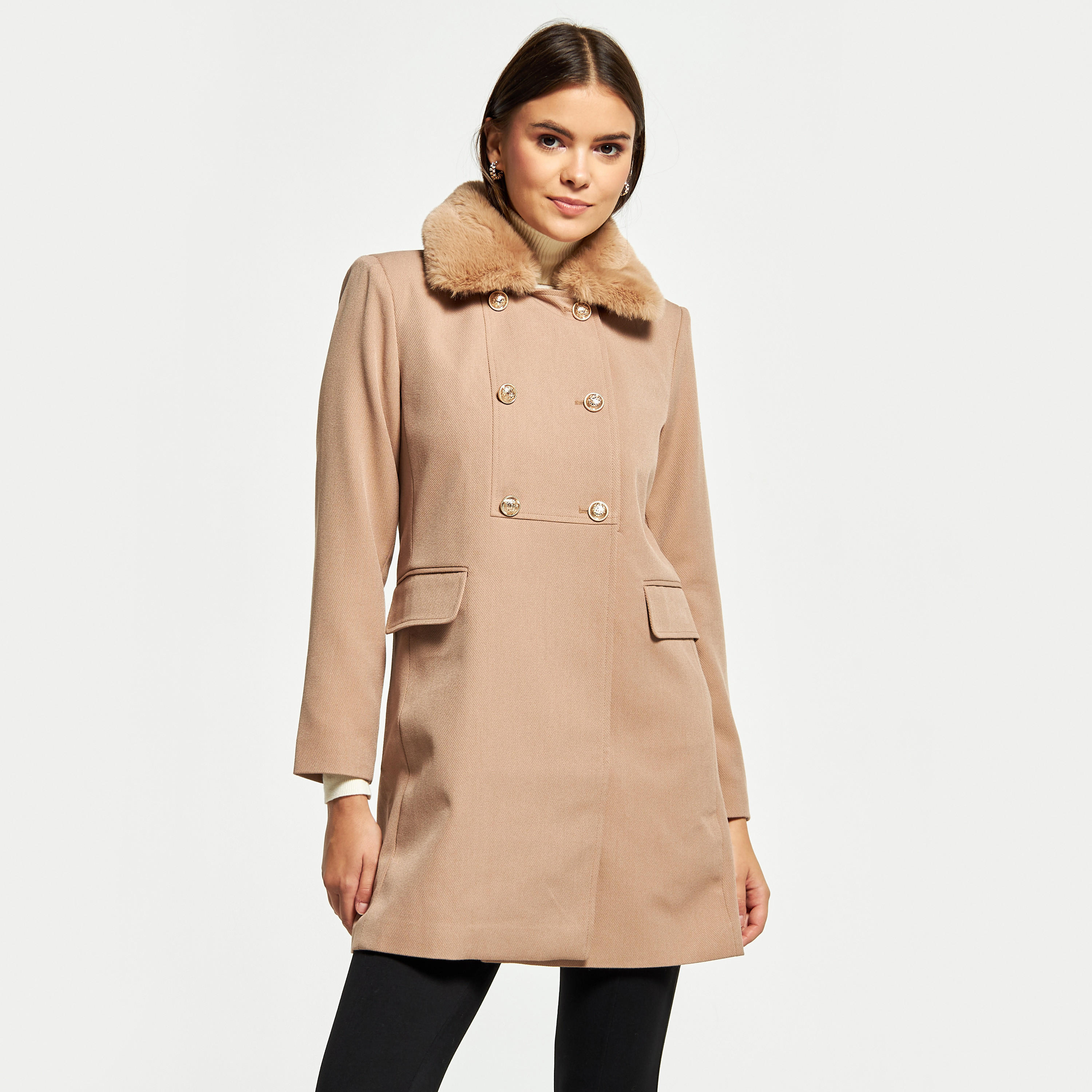 معطف سادة بأزرار وياقة قطيفة فضفاضة-women-winterwear-coatsandjackets-coats-image-1