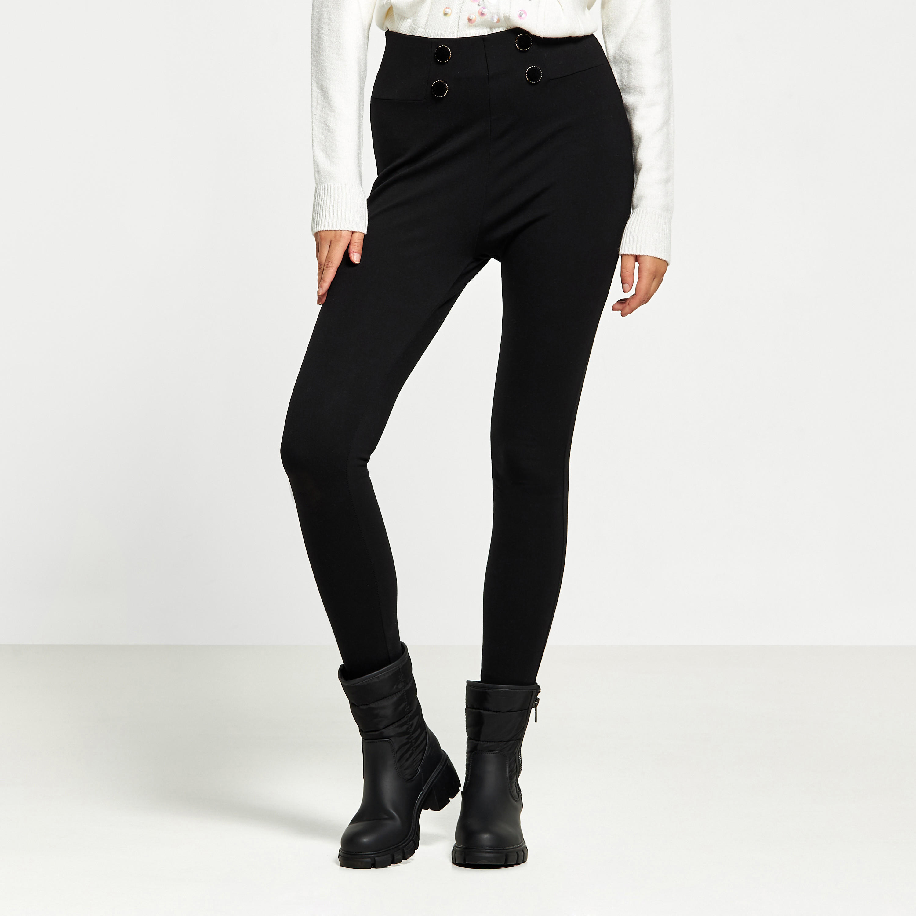 بنطلون بونتي بخصر مطّاطي وزر إغلاق-women-clothing-bottoms-leggings-image-1