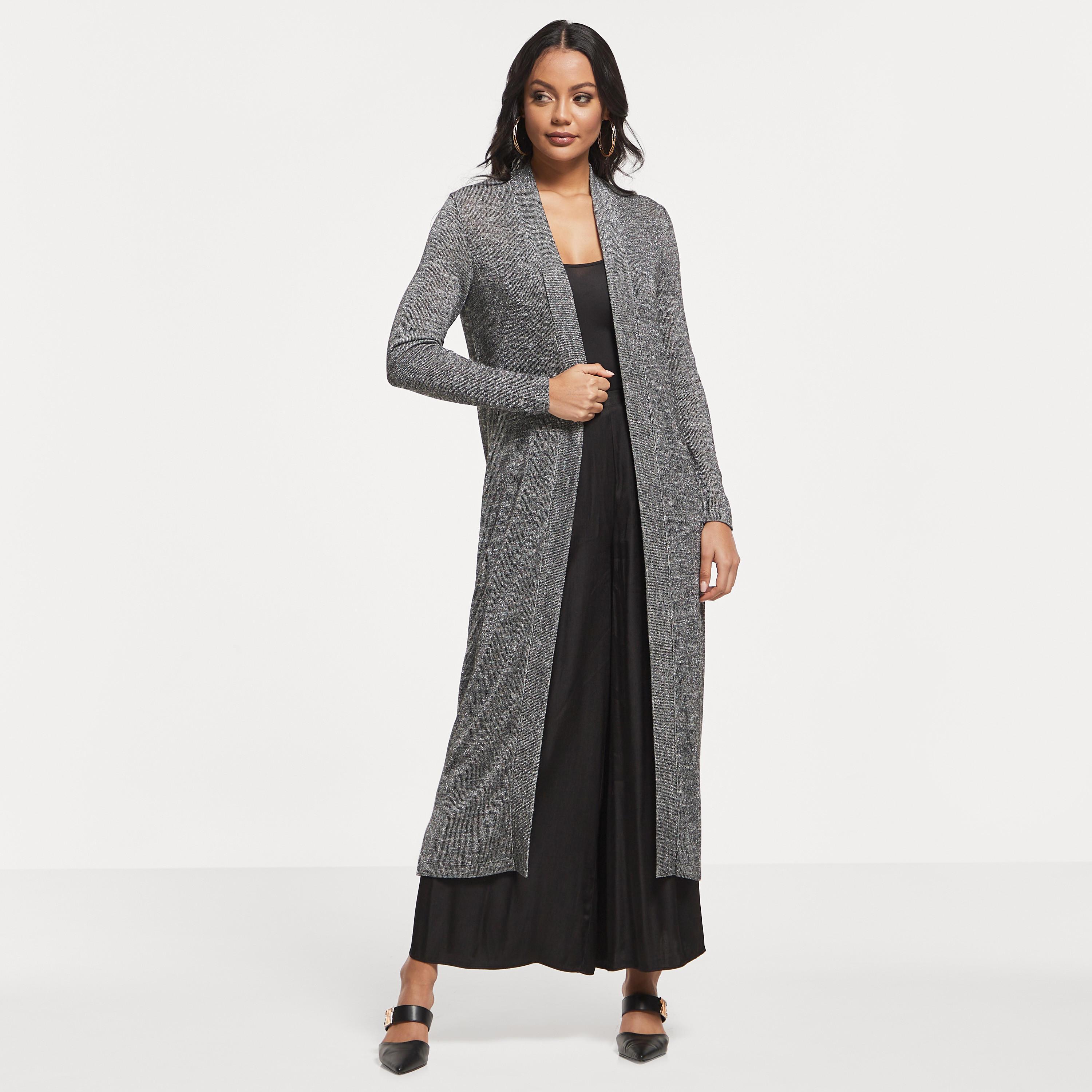 Textured Longline Open Front Shrug with Long Sleeves-women-winterwear-cardigansandjumpers-cardigans-image-1