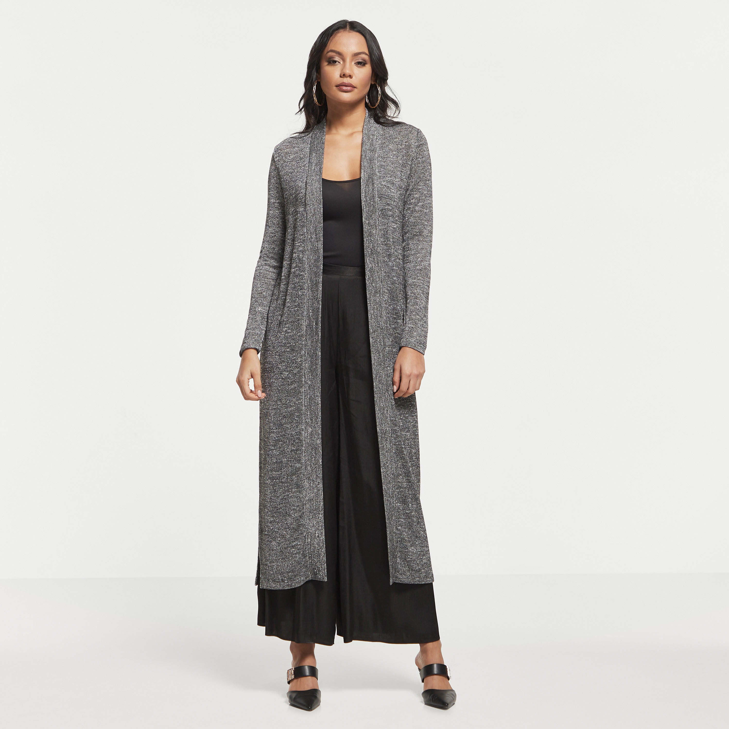 Textured Longline Open Front Shrug with Long Sleeves-women-winterwear-cardigansandjumpers-cardigans-image-2