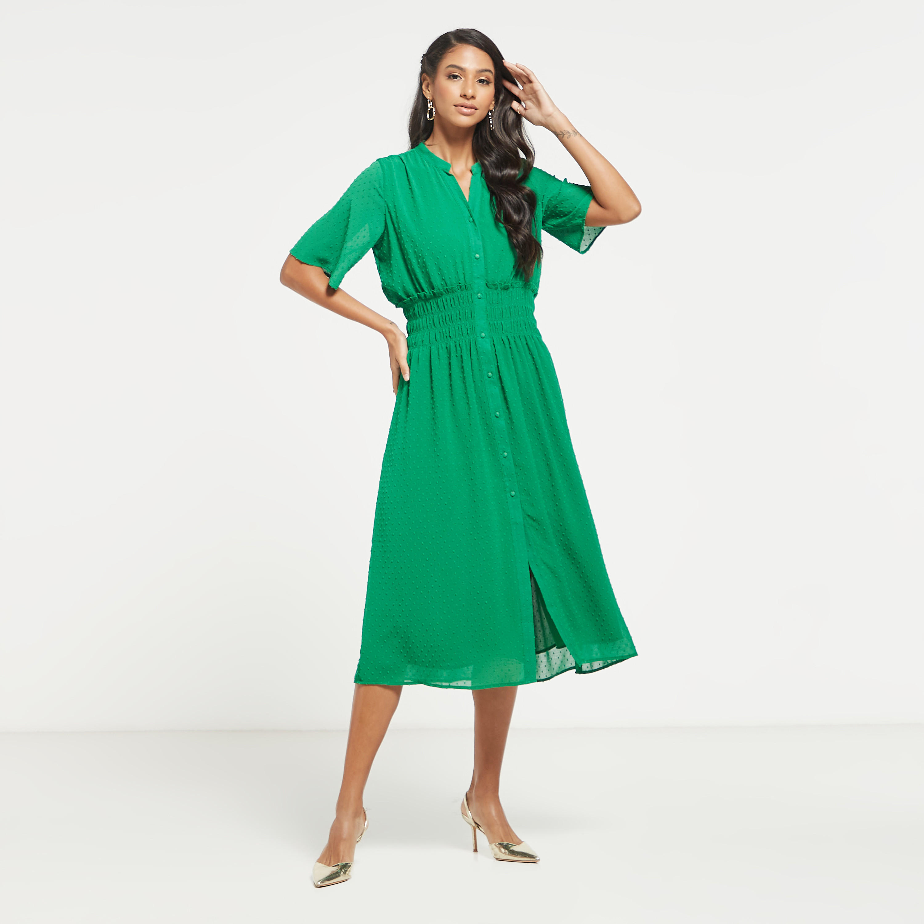 Textured Button Through Midi Dress with Shirred Detail and Short Sleeves-women-clothing-dresses-image-1