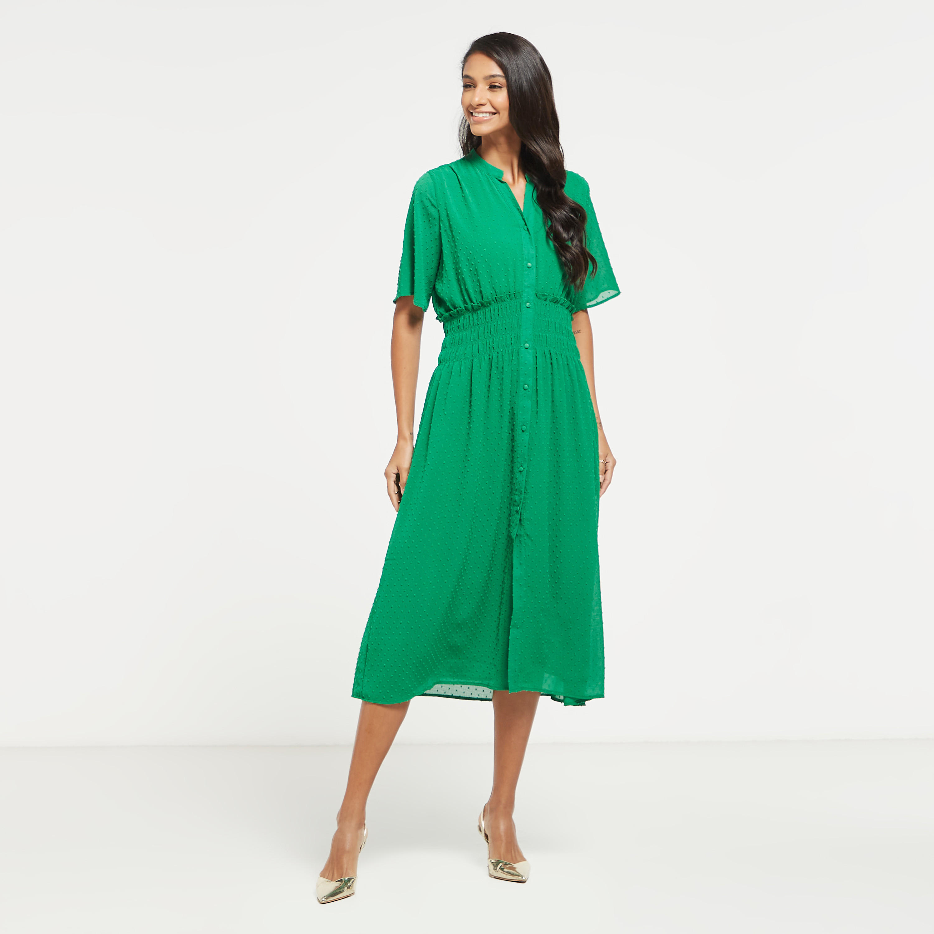Textured Button Through Midi Dress with Shirred Detail and Short Sleeves-women-clothing-dresses-image-2