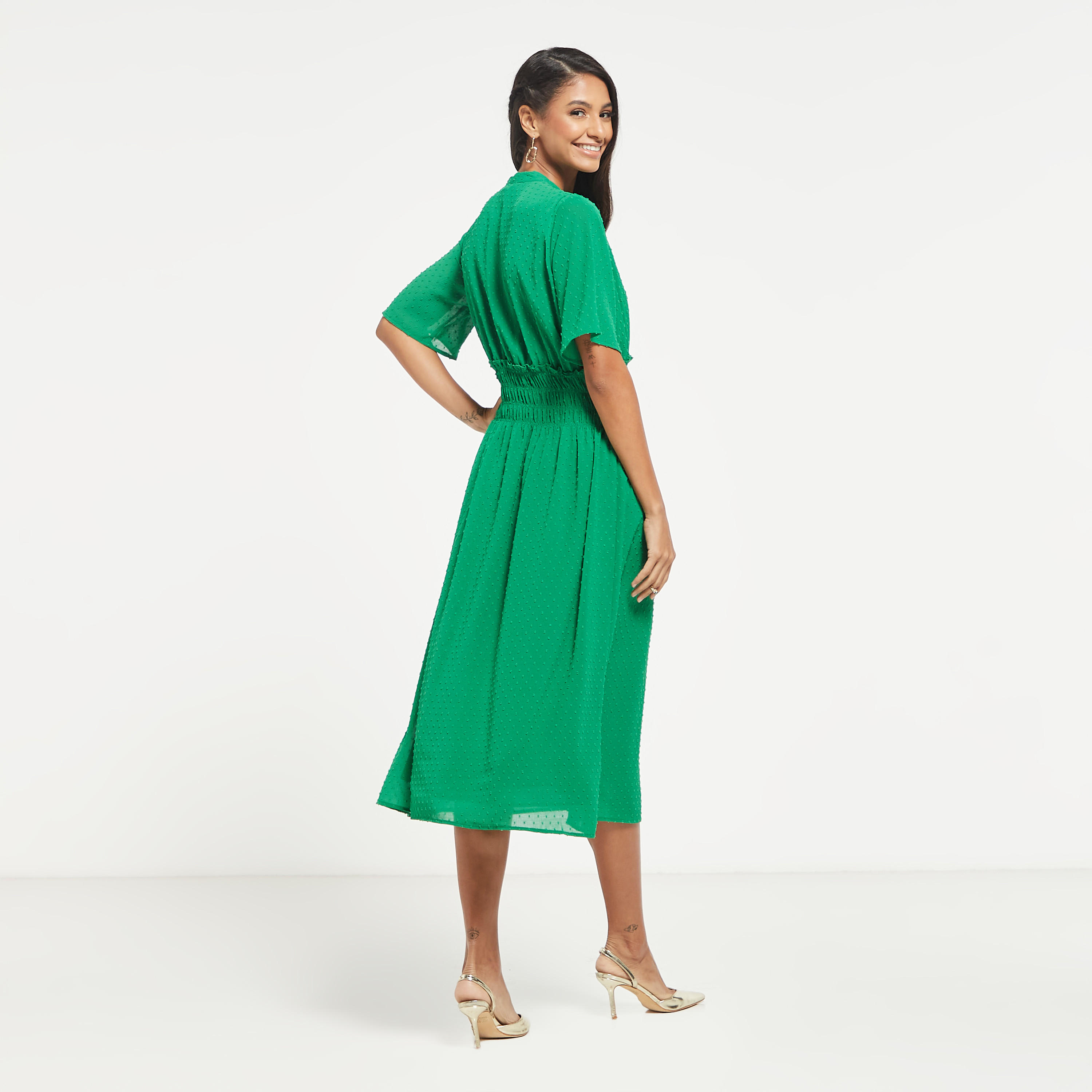 Textured Button Through Midi Dress with Shirred Detail and Short Sleeves-women-clothing-dresses-image-3