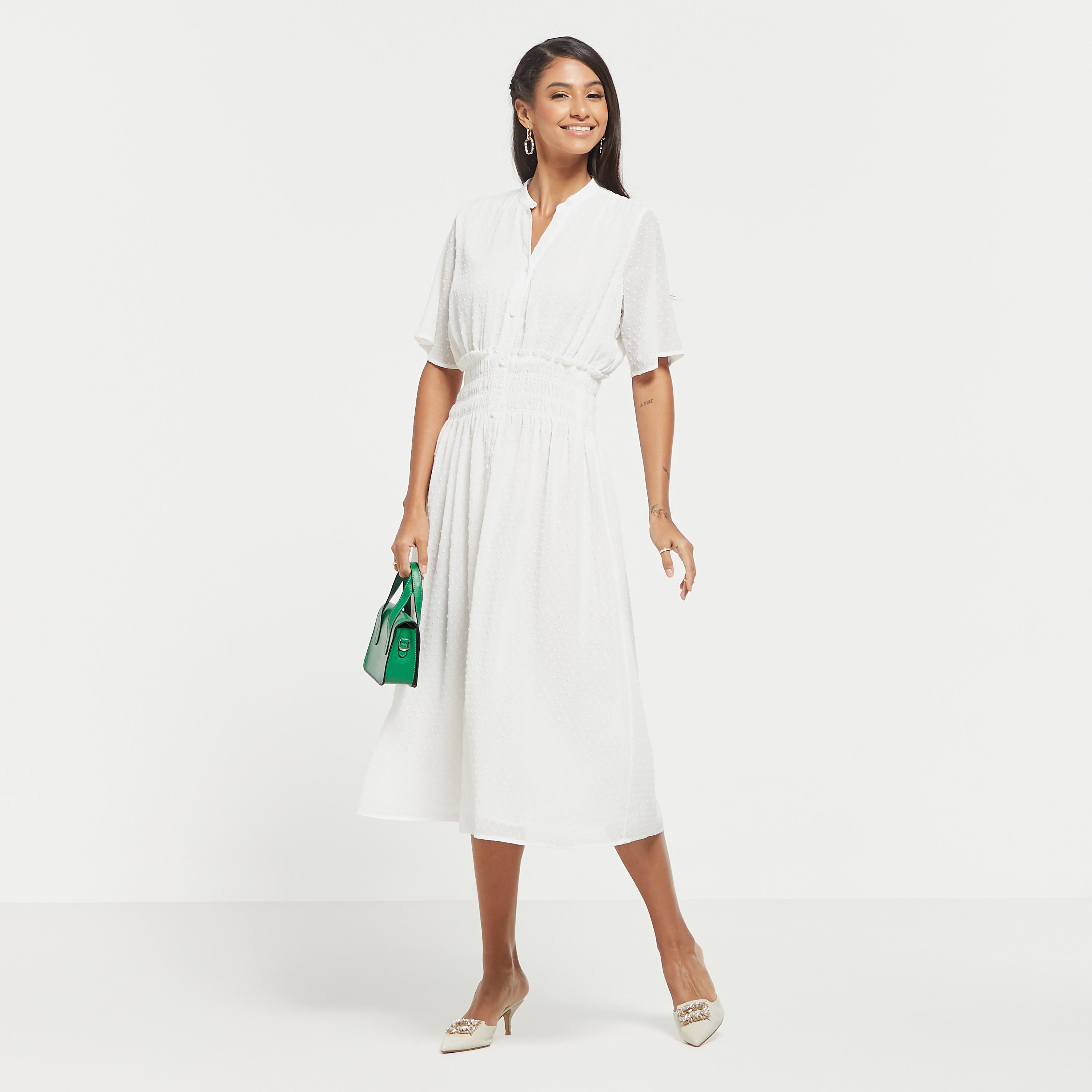 Textured Button Through Midi Dress with Shirred Detail and Short Sleeves-women-clothing-dresses-image-5