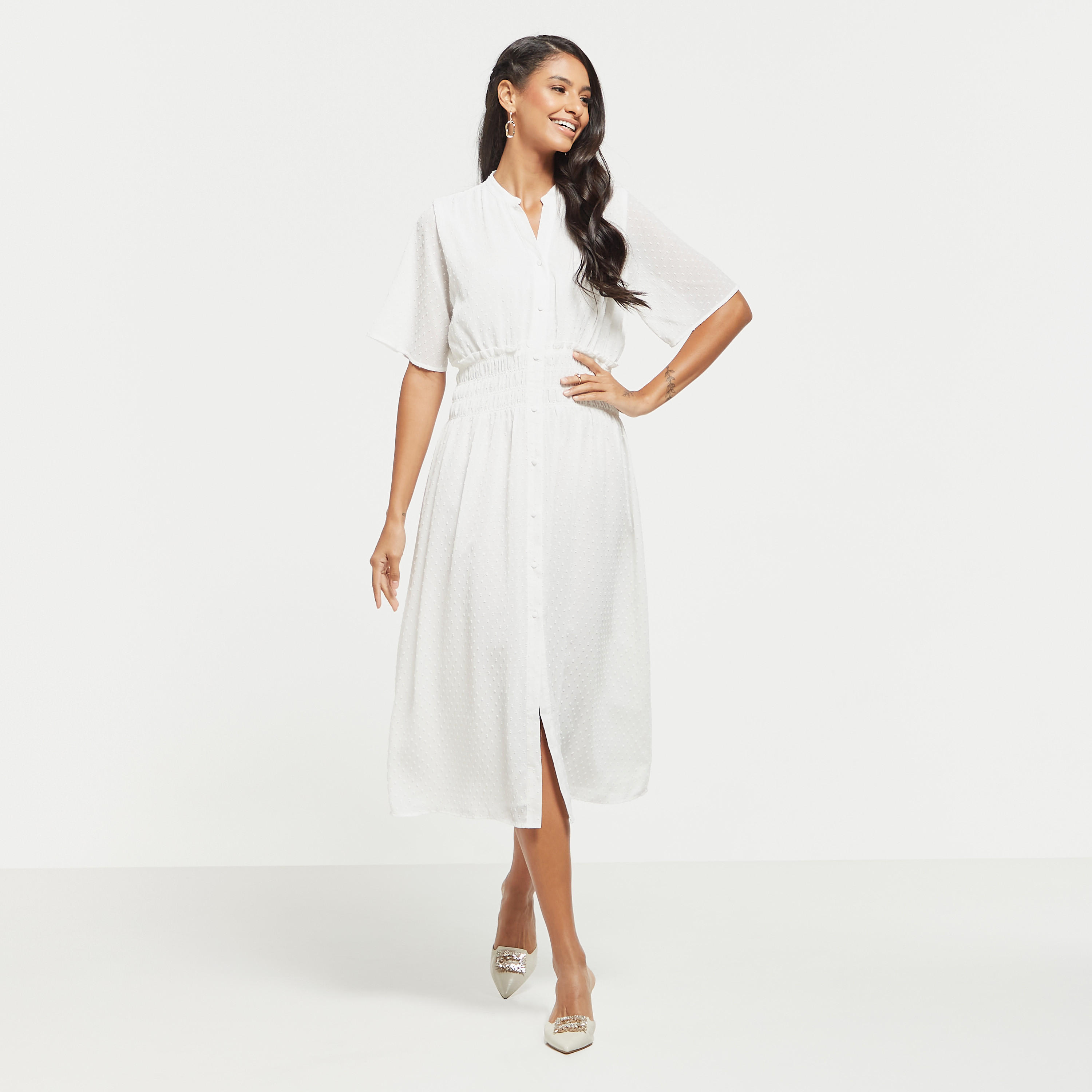 Textured Button Through Midi Dress with Shirred Detail and Short Sleeves-women-clothing-dresses-image-6