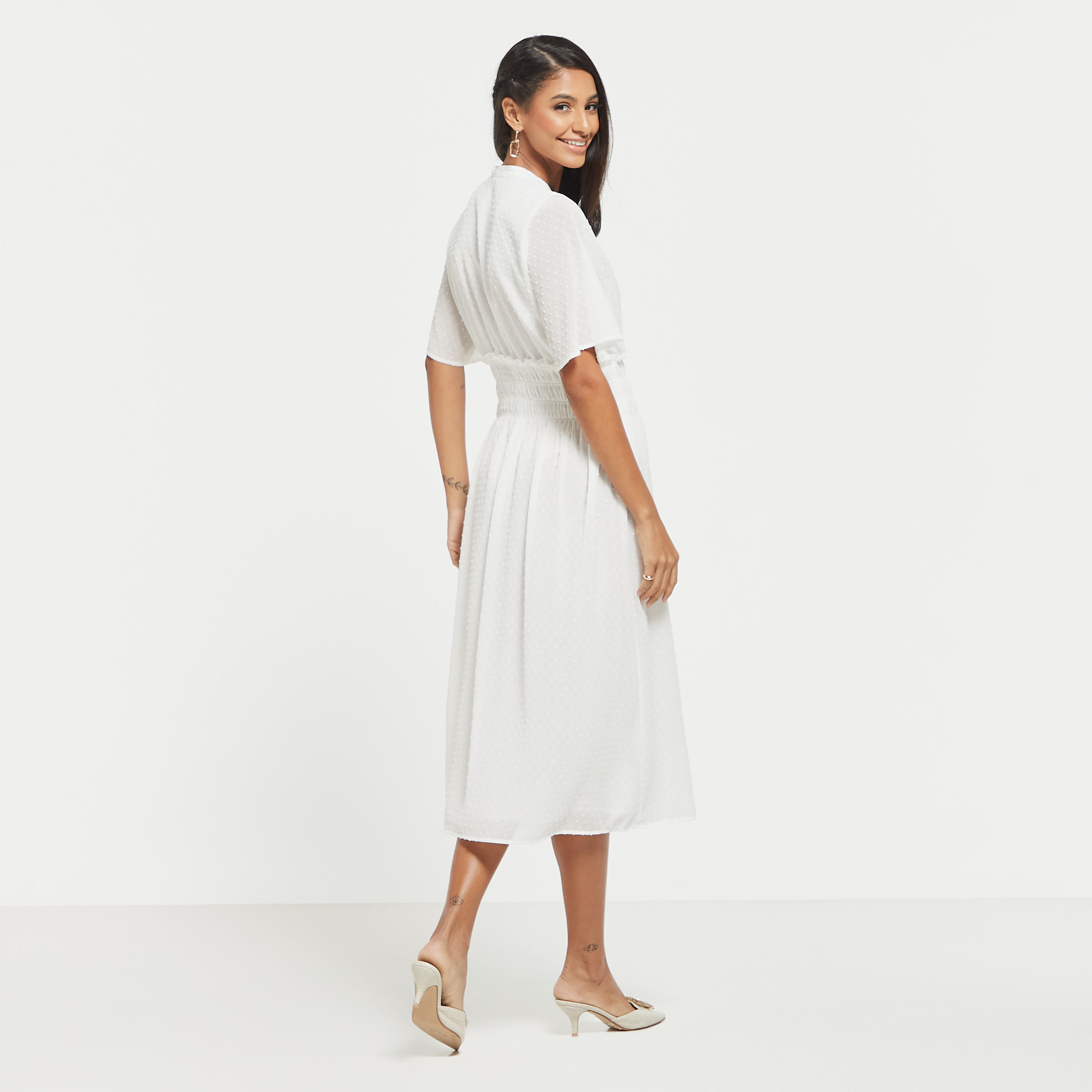 Textured Button Through Midi Dress with Shirred Detail and Short Sleeves-women-clothing-dresses-image-7