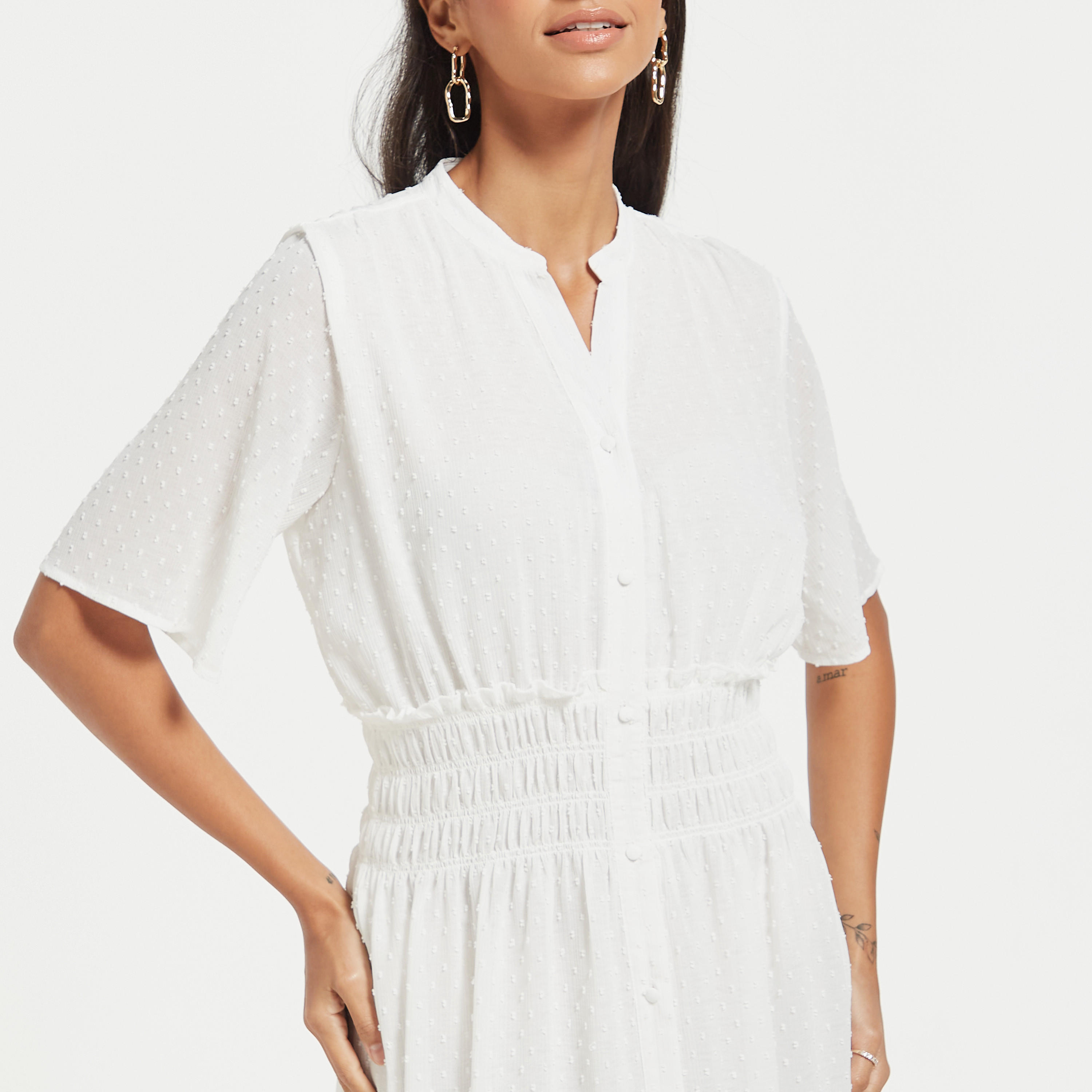 Textured Button Through Midi Dress with Shirred Detail and Short Sleeves-women-clothing-dresses-image-8