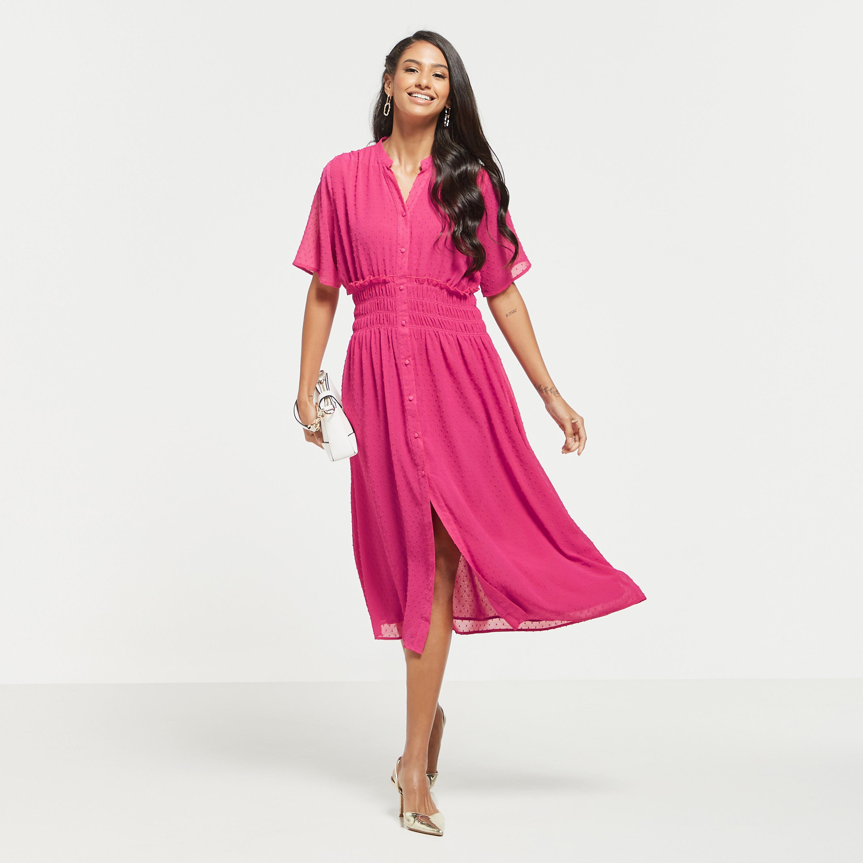 Textured Button Through Midi Dress with Shirred Detail and Short Sleeves-women-clothing-dresses-image-9