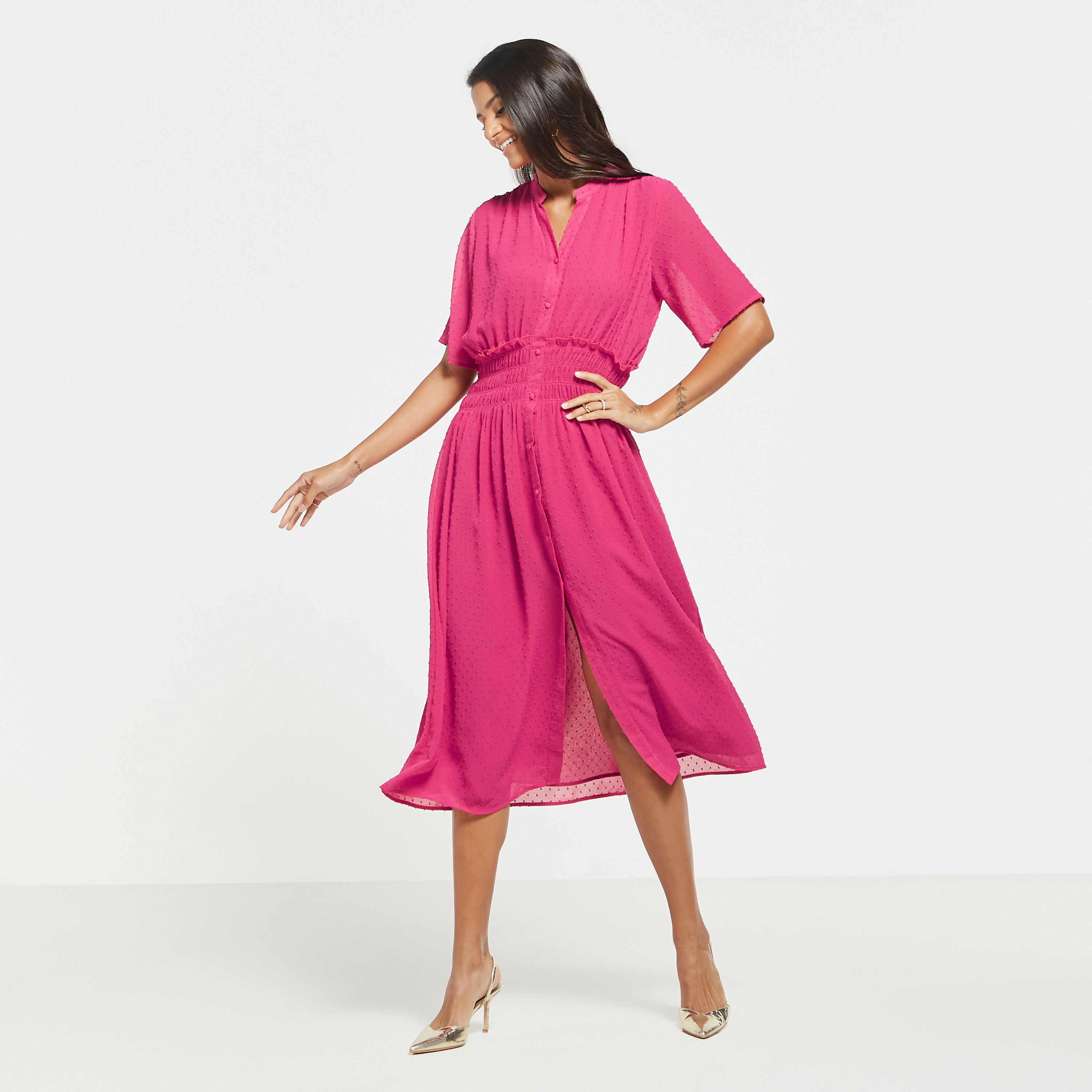 Textured Button Through Midi Dress with Shirred Detail and Short Sleeves-women-clothing-dresses-image-10