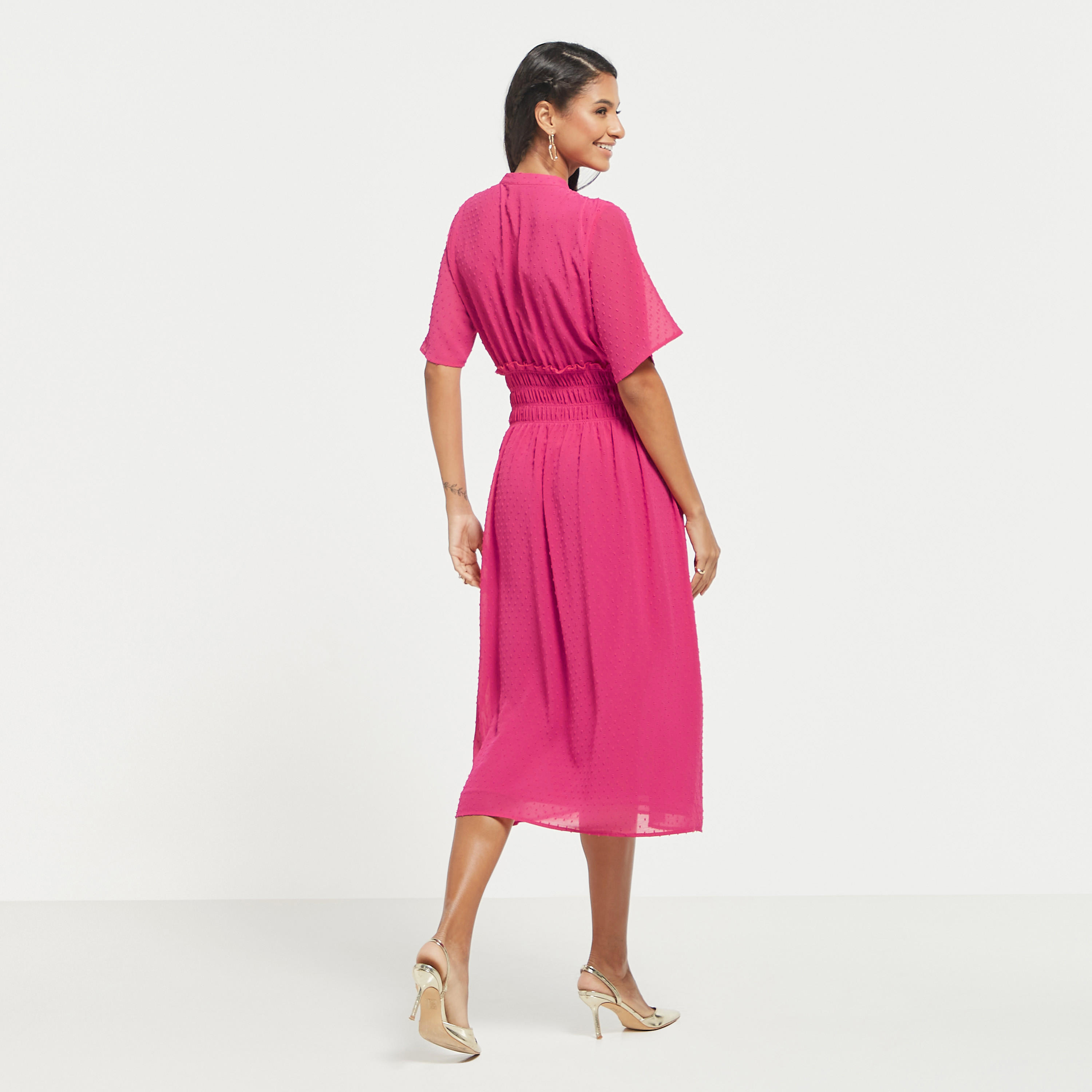 Textured Button Through Midi Dress with Shirred Detail and Short Sleeves-women-clothing-dresses-image-11