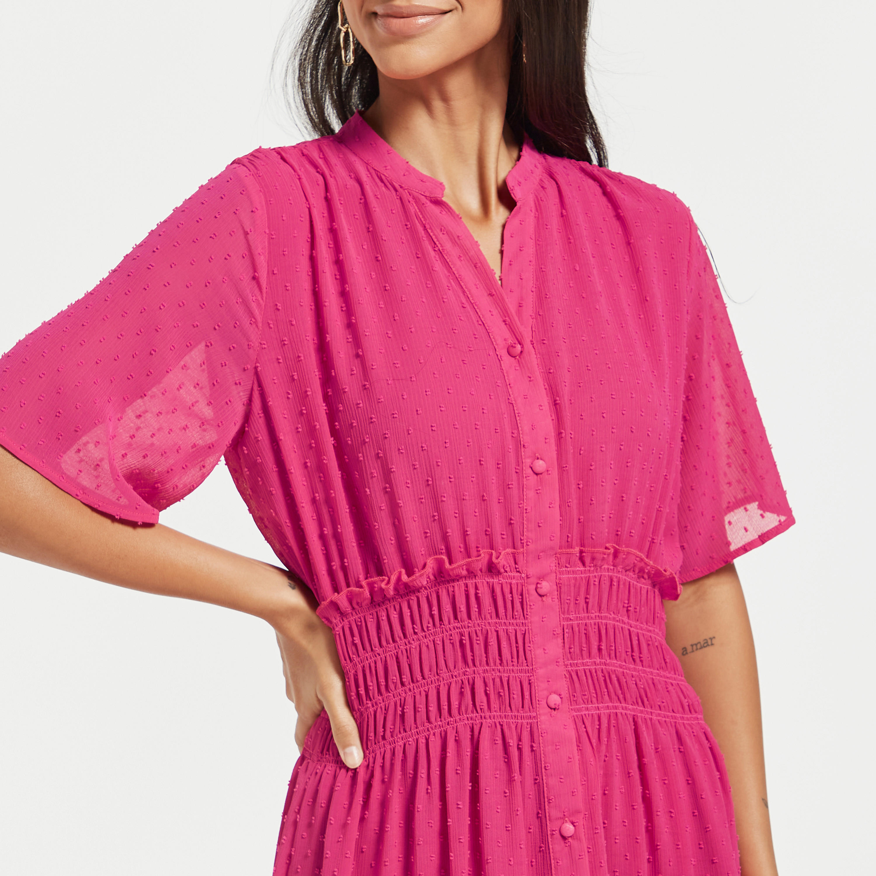 Textured Button Through Midi Dress with Shirred Detail and Short Sleeves-women-clothing-dresses-image-12
