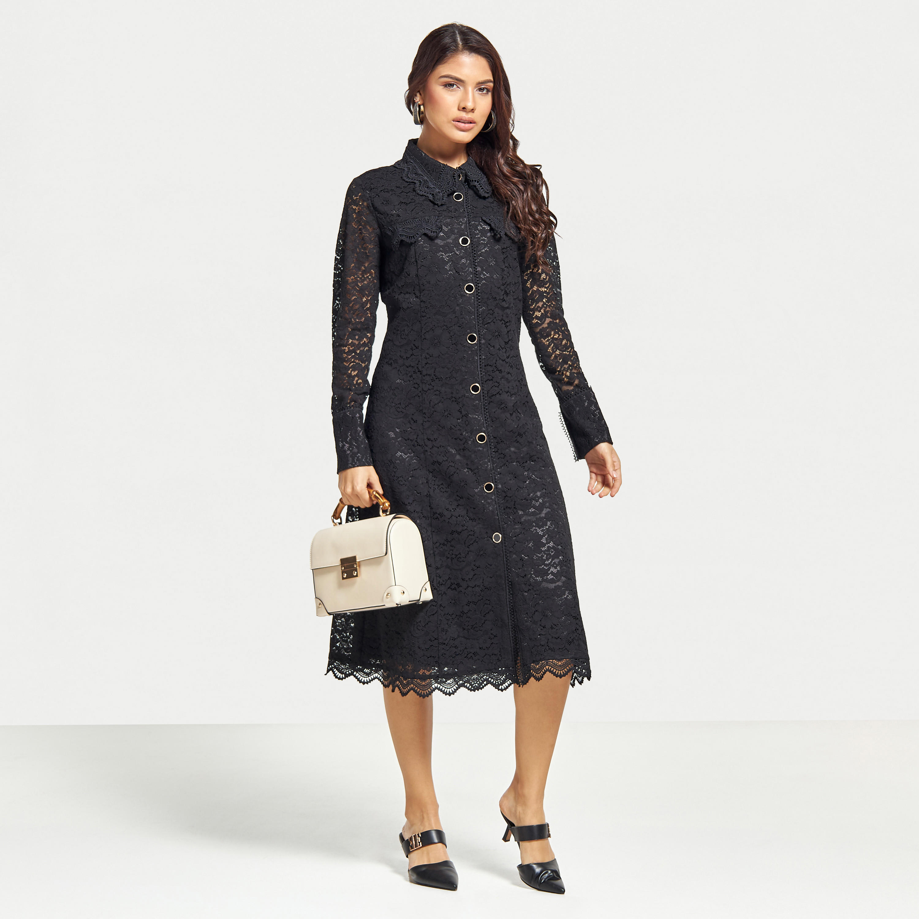 فستان قميص دانتيل بياقة عادية وأكمام طويلة-women-clothing-dresses-image-1