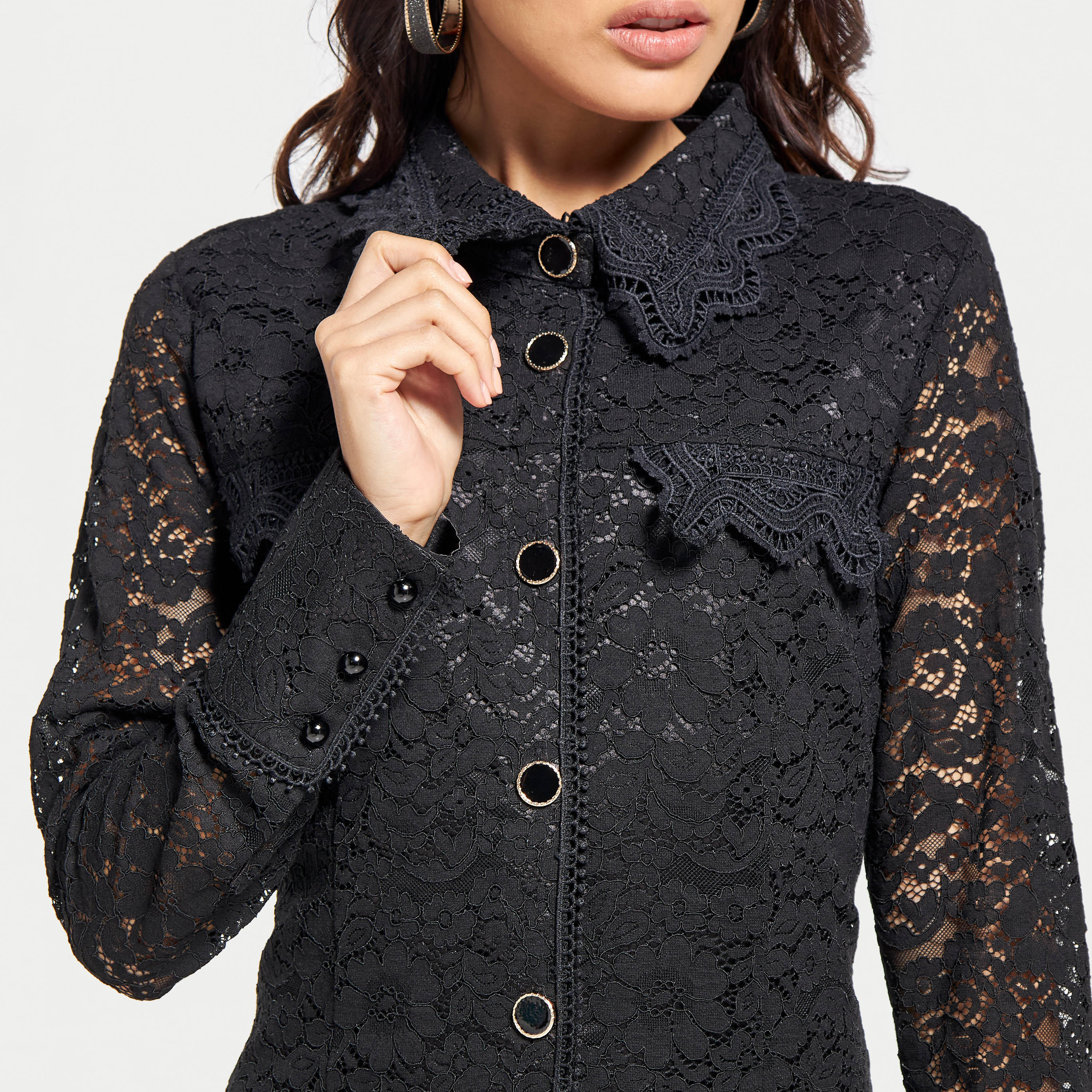 فستان قميص دانتيل بياقة عادية وأكمام طويلة-women-clothing-dresses-image-2