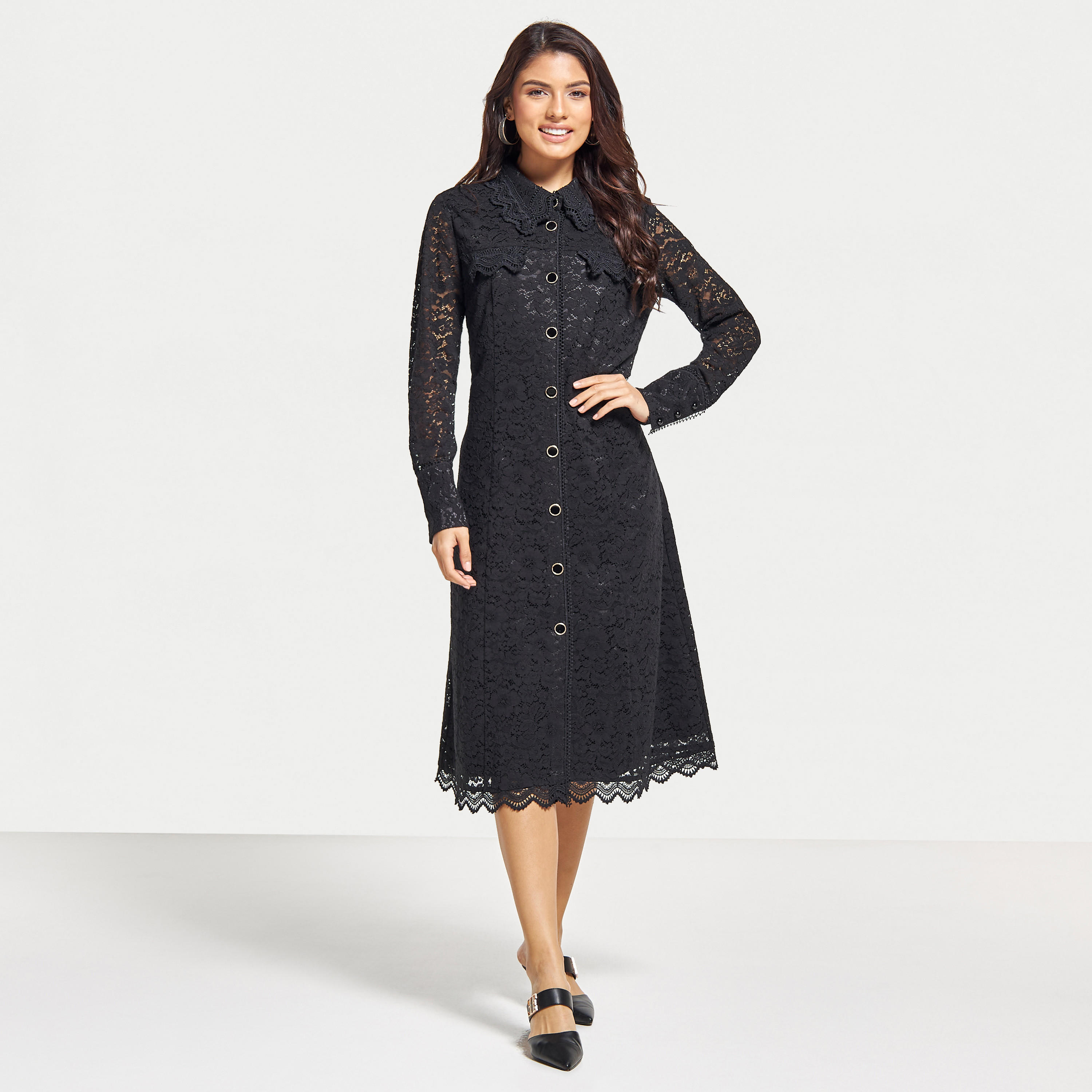 فستان قميص دانتيل بياقة عادية وأكمام طويلة-women-clothing-dresses-image-4