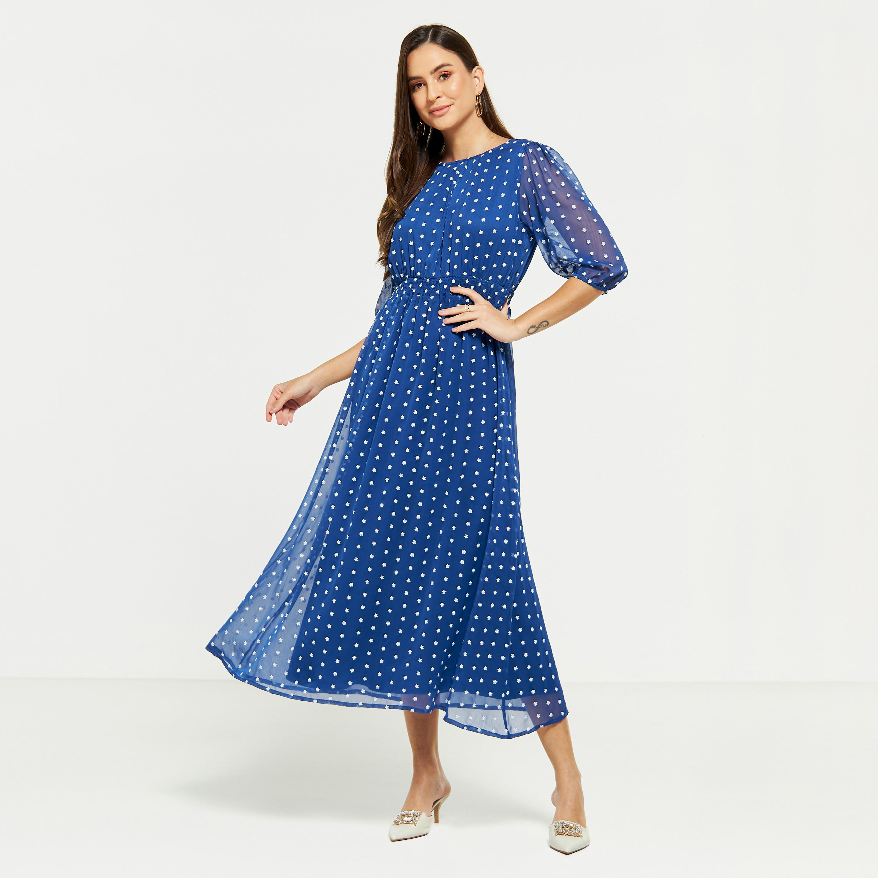 فستان ميدي بطبعات أزهار ورباط وتفاصيل كشكش-women-clothing-dresses-image-1